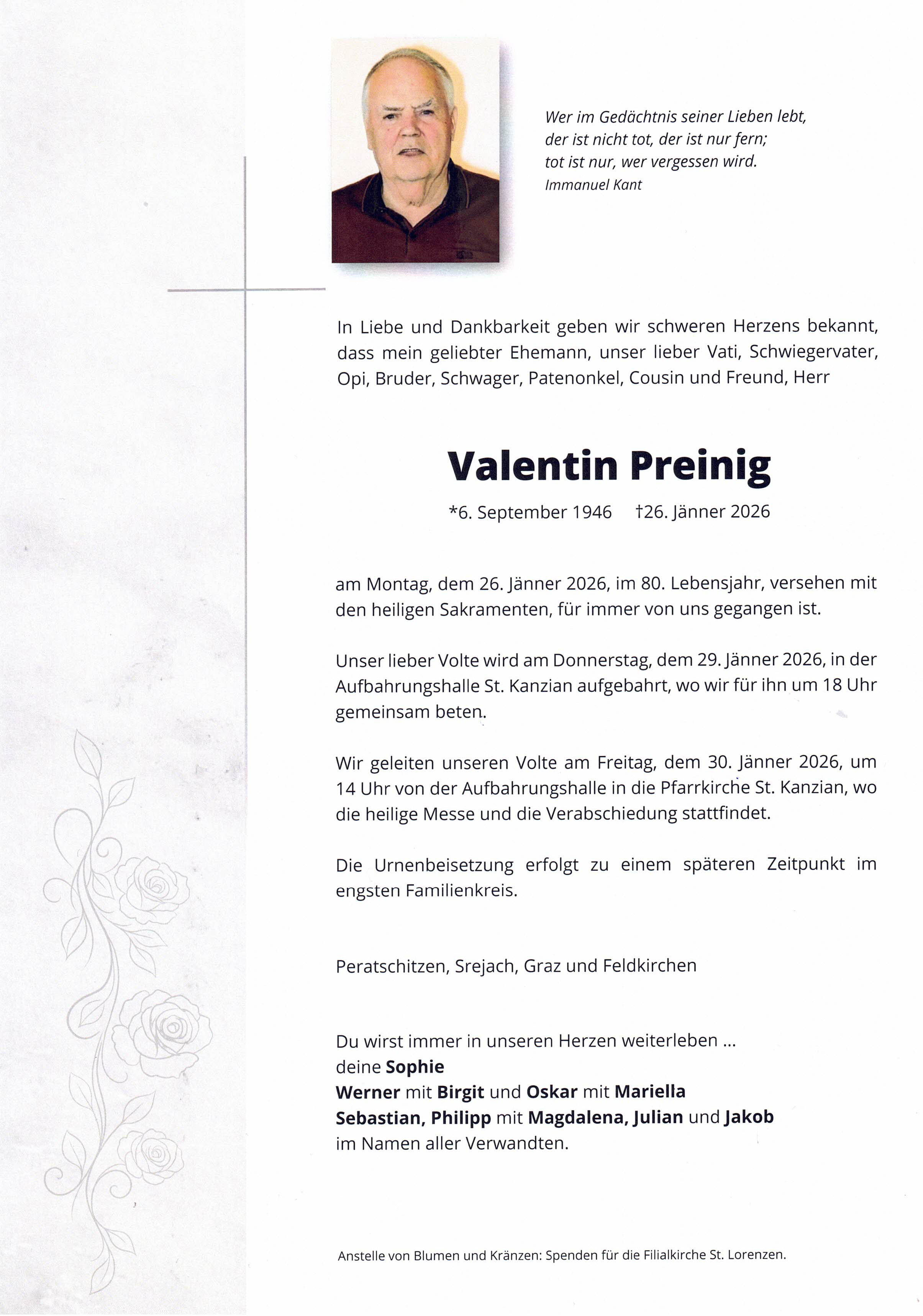Traueranzeige von Valentin Preinig