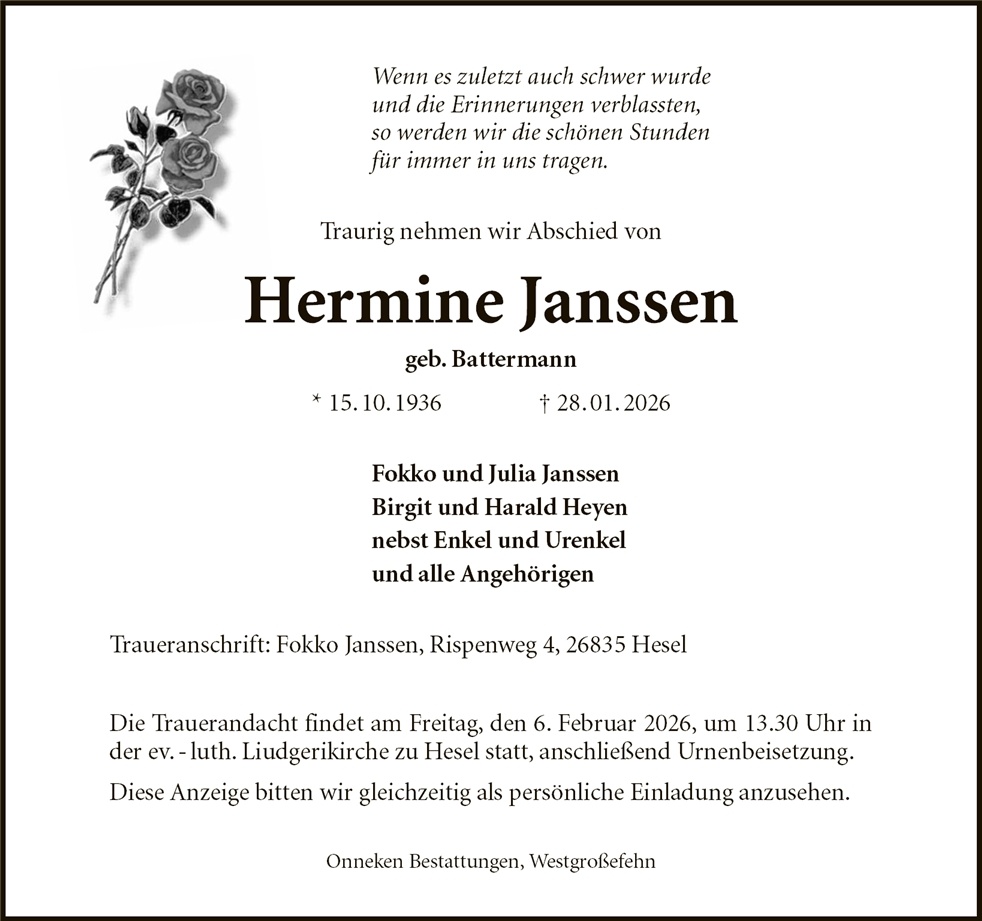 Traueranzeige von Hermine Janssen