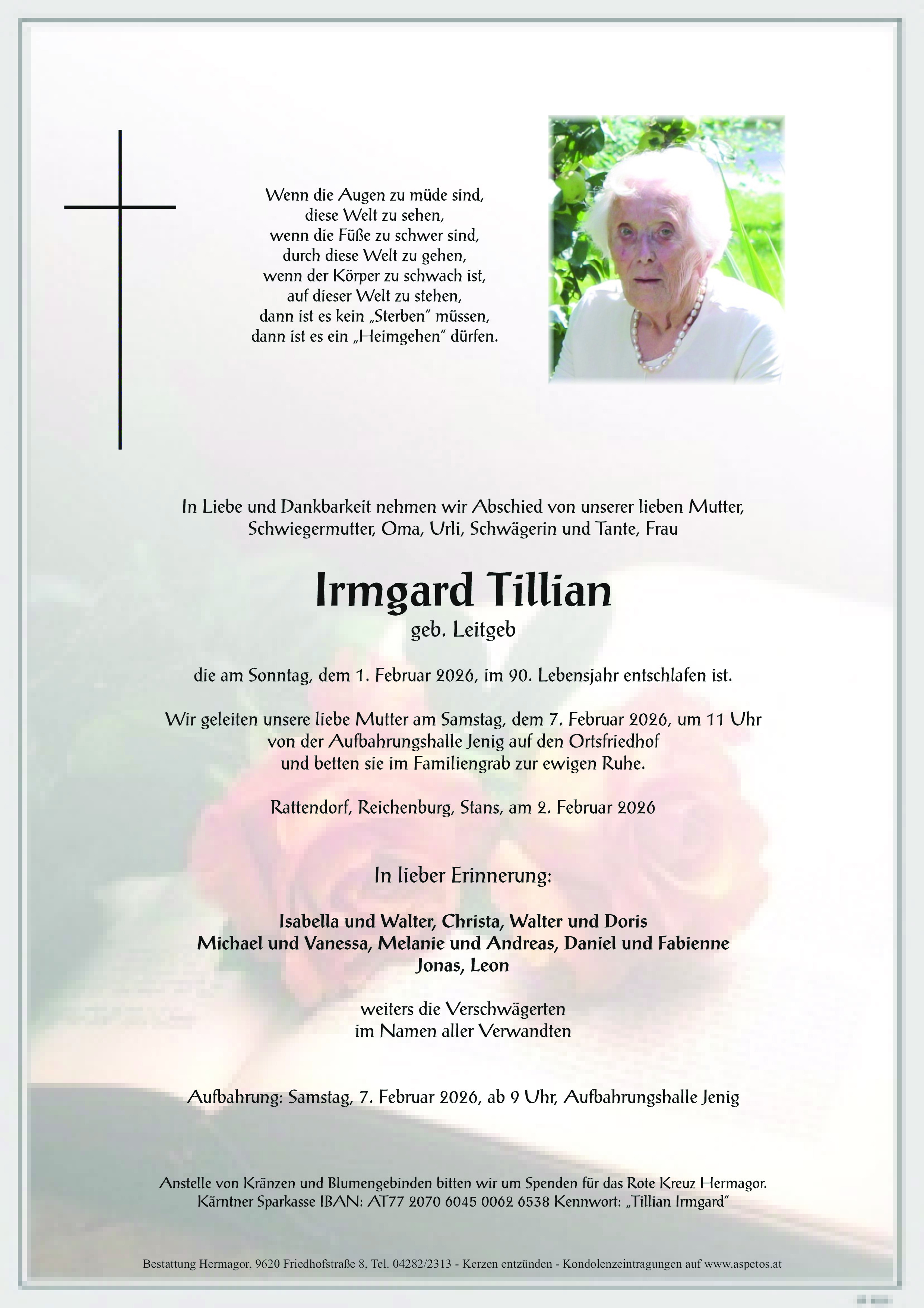 Traueranzeige von Irmgard Tillian
