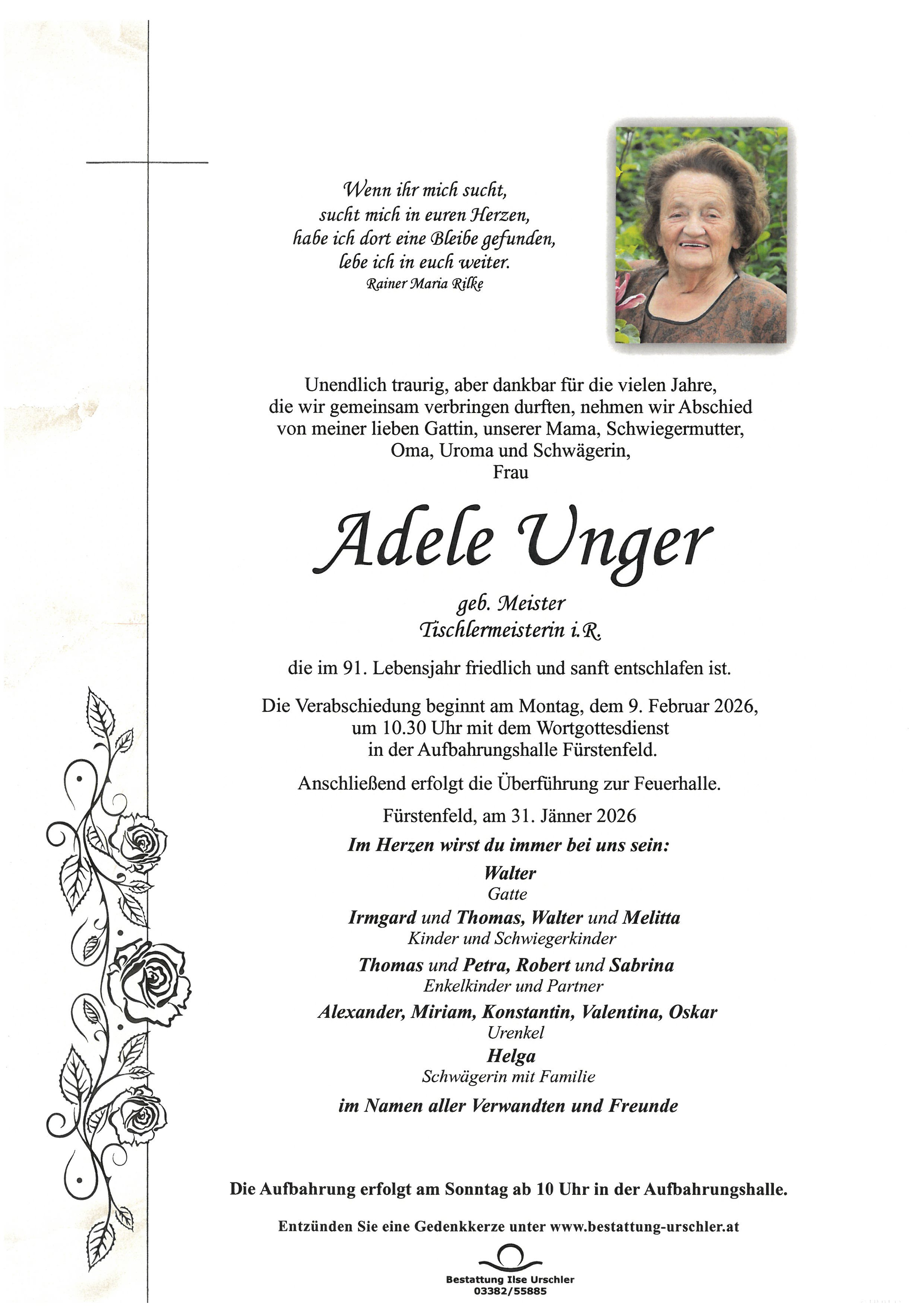 Traueranzeige von Adele Unger