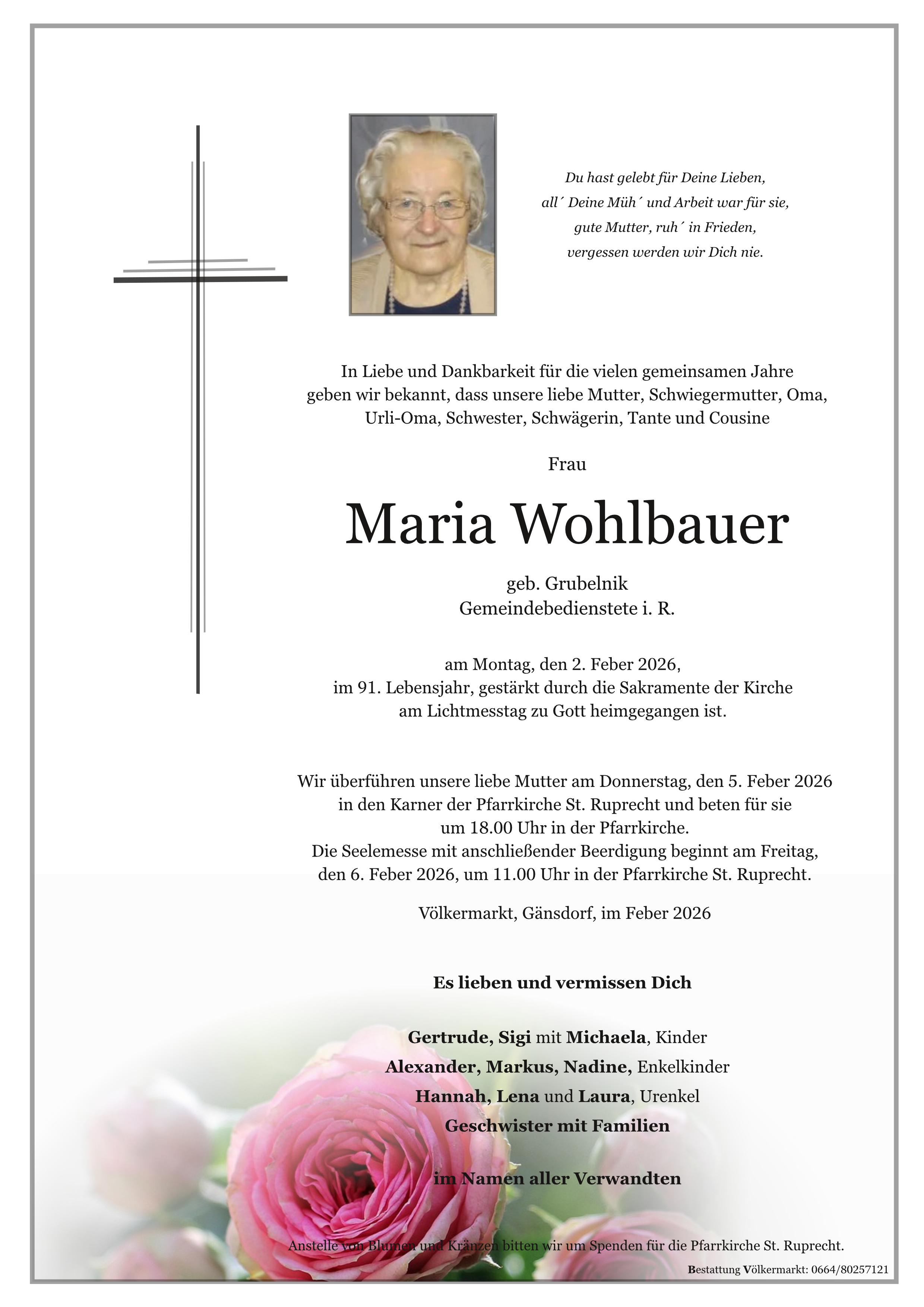 Traueranzeige von Maria Wohlbauer