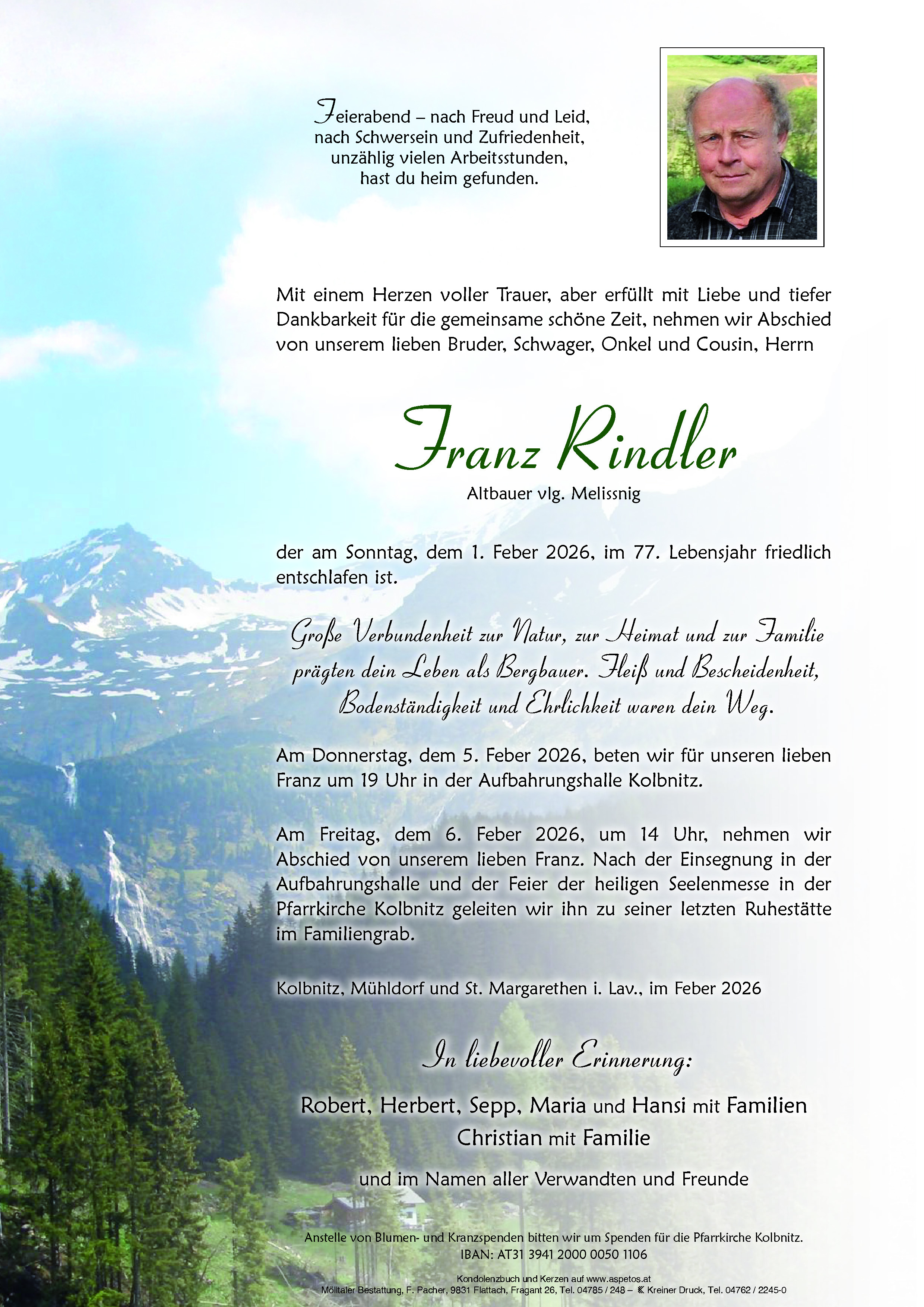Traueranzeige von Franz Rindler