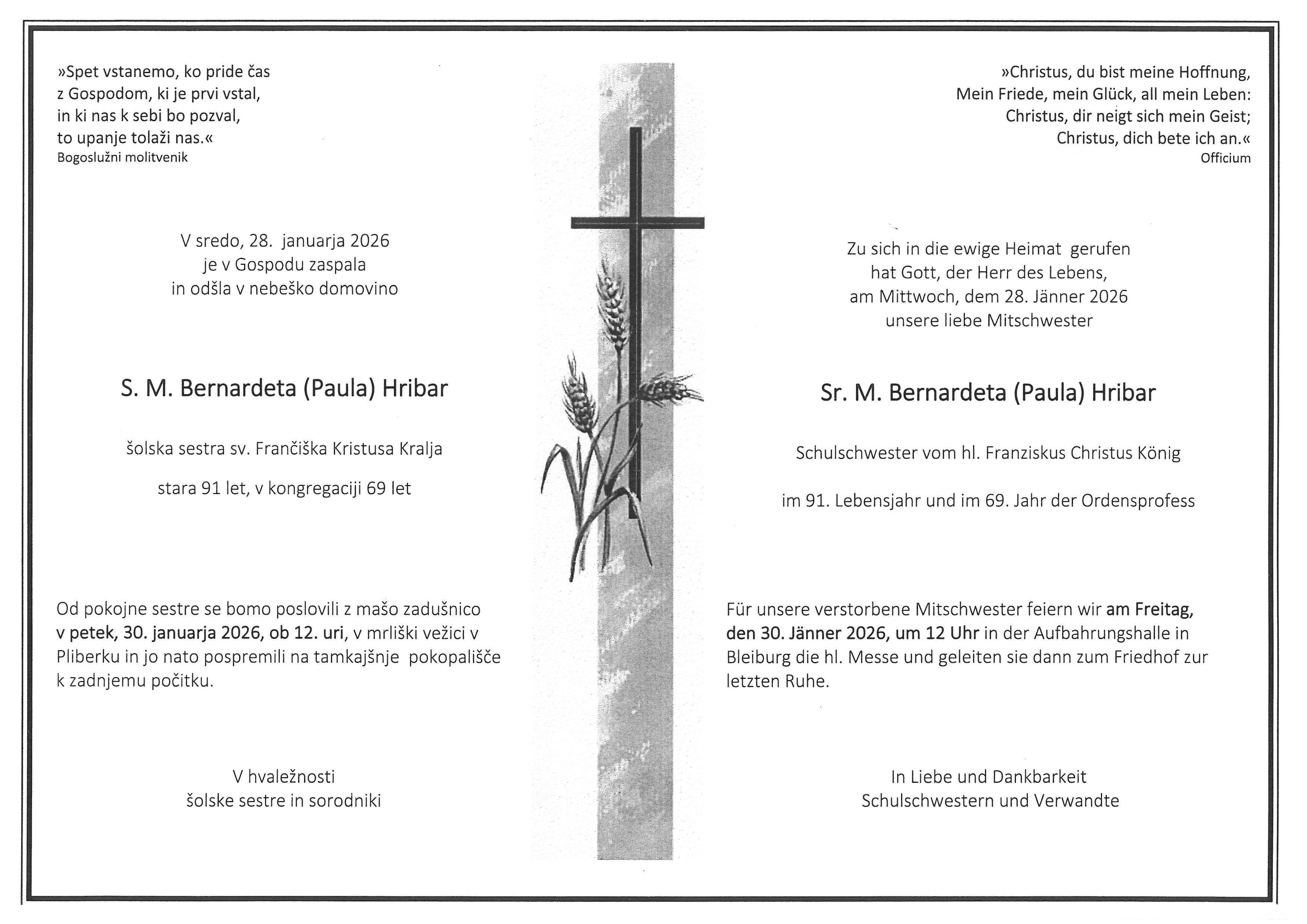 Traueranzeige von S.M. Bernardeta Paula Hribar