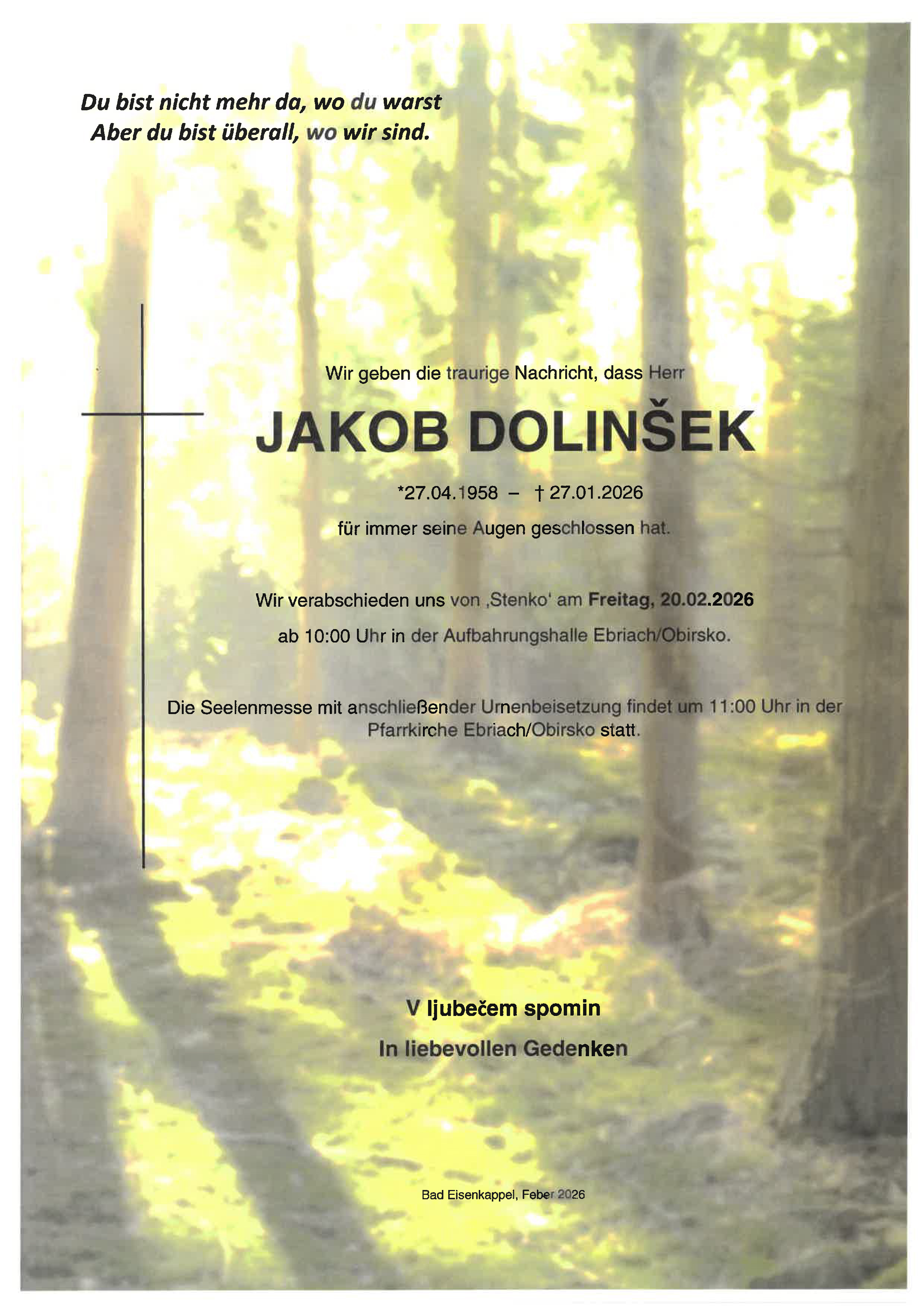 Traueranzeige von Jakob Dolinsek