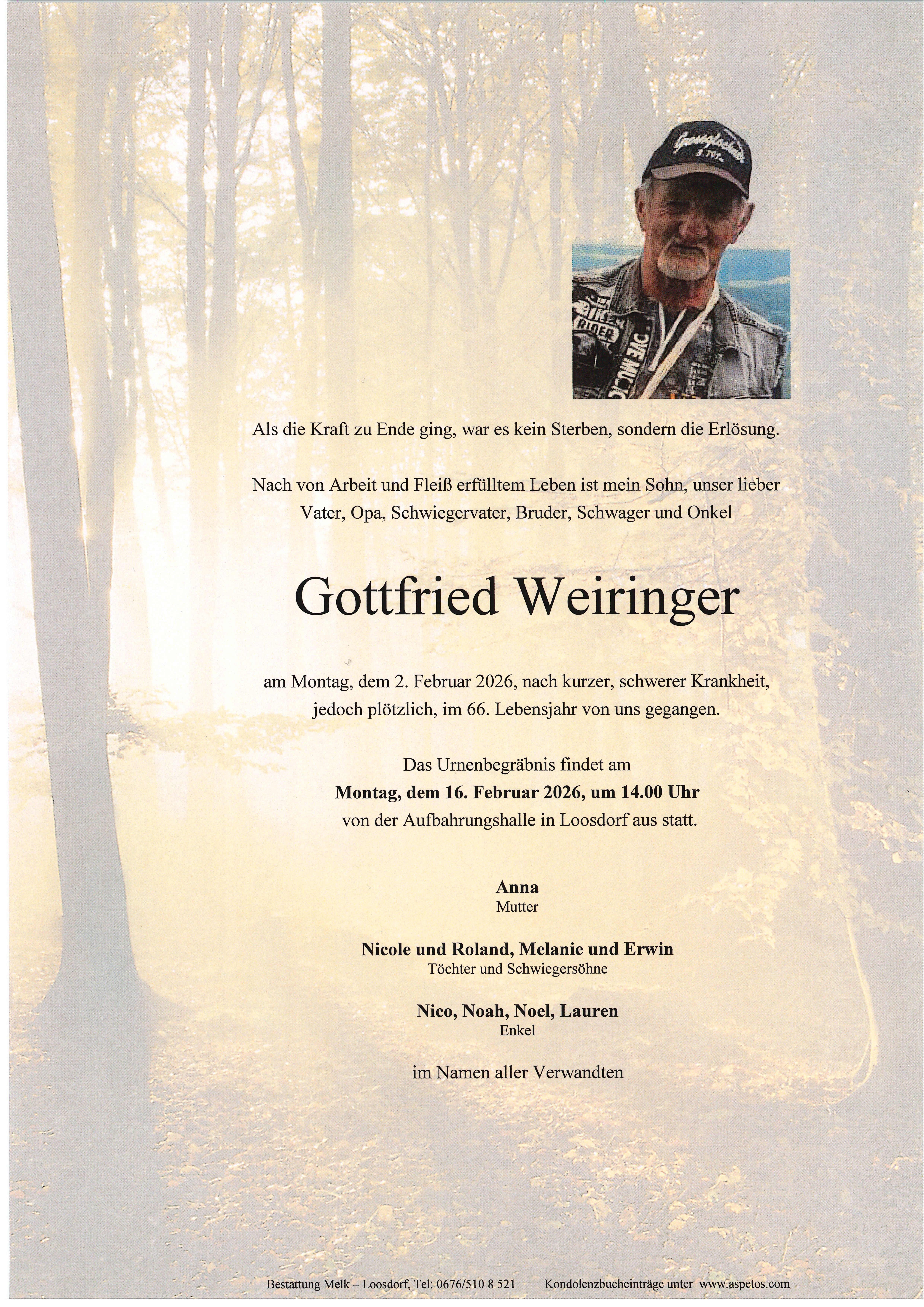Traueranzeige von Gottfried Weiringer