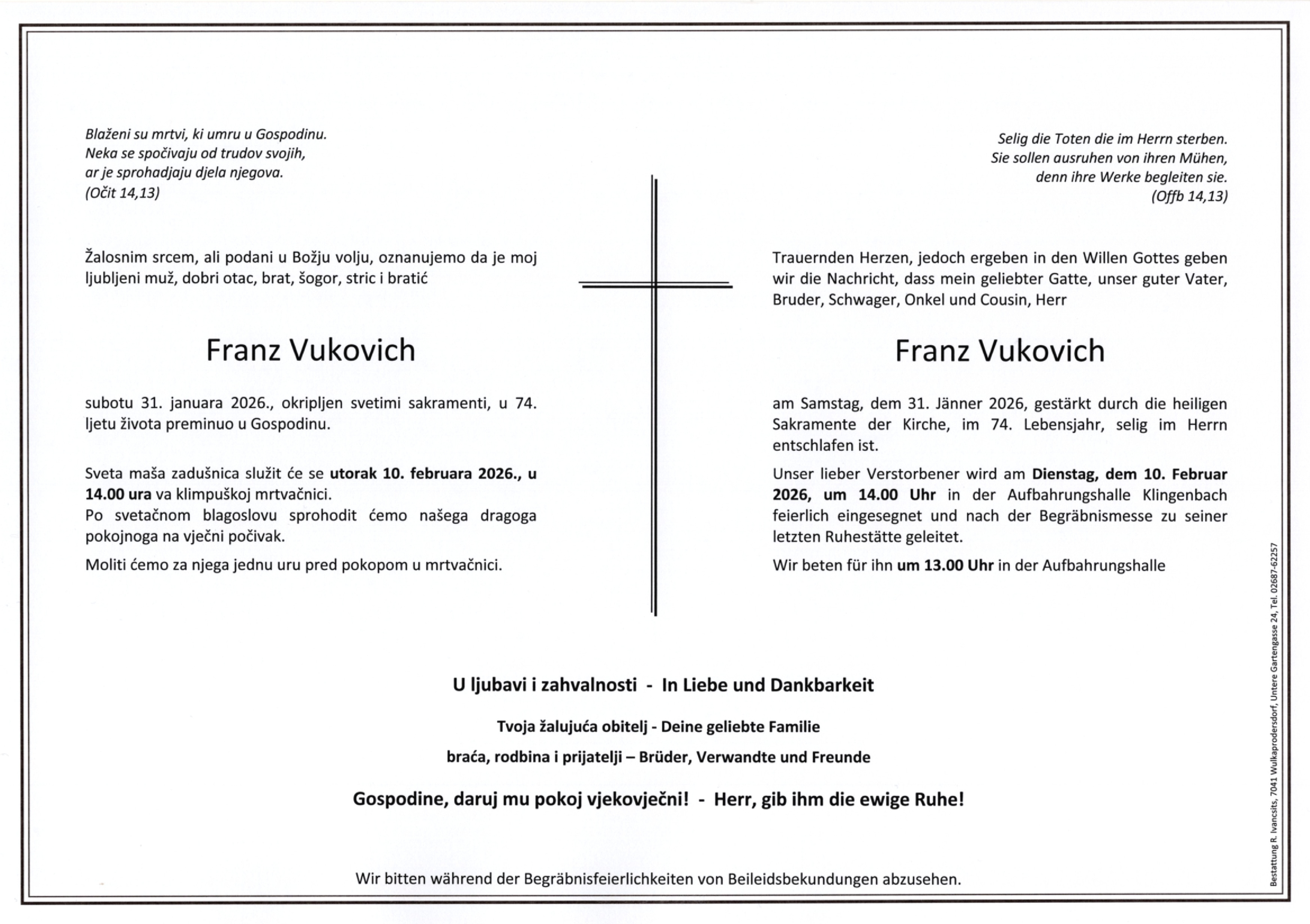 Traueranzeige von Franz Vukovich