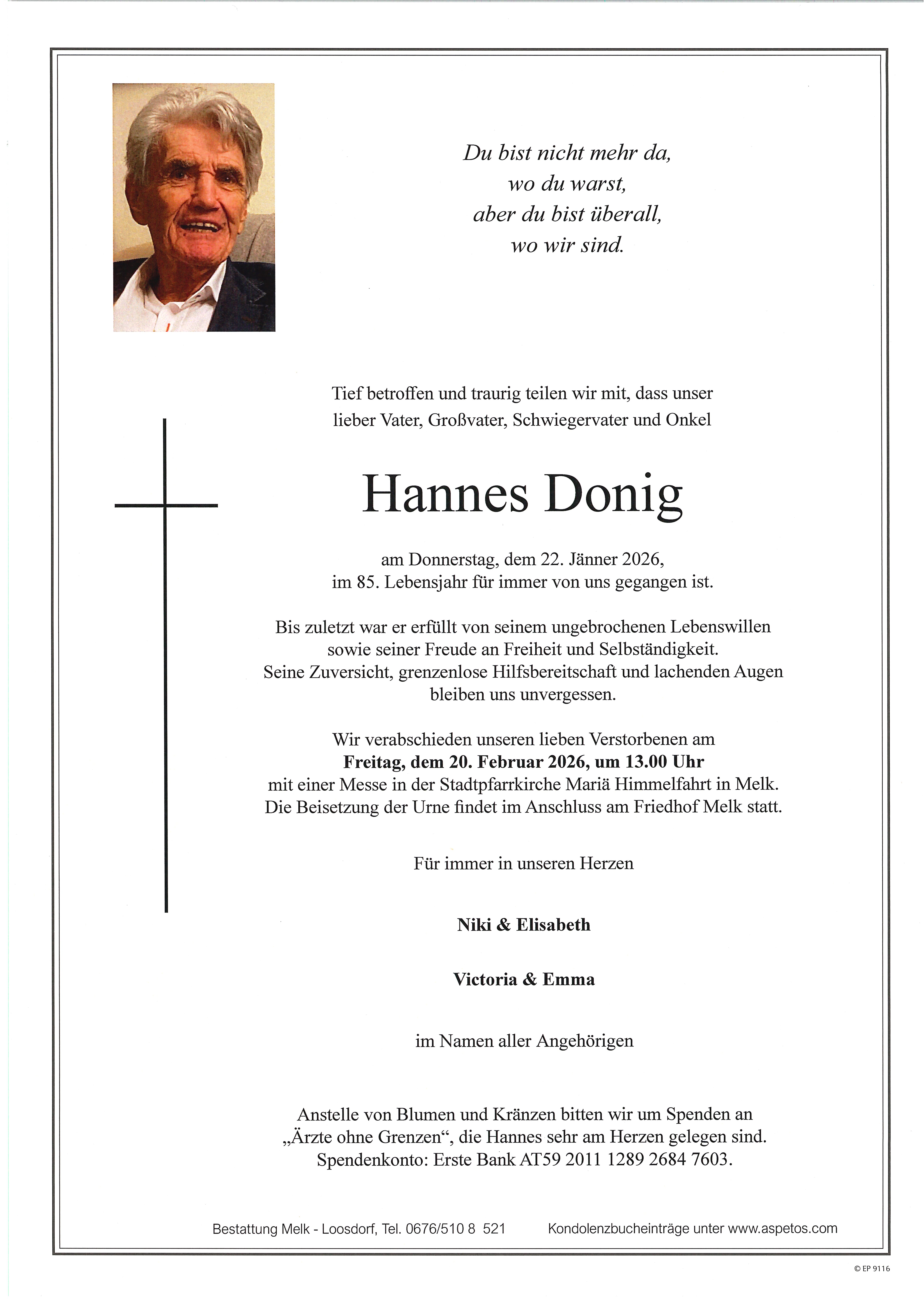 Traueranzeige von Hannes Donig