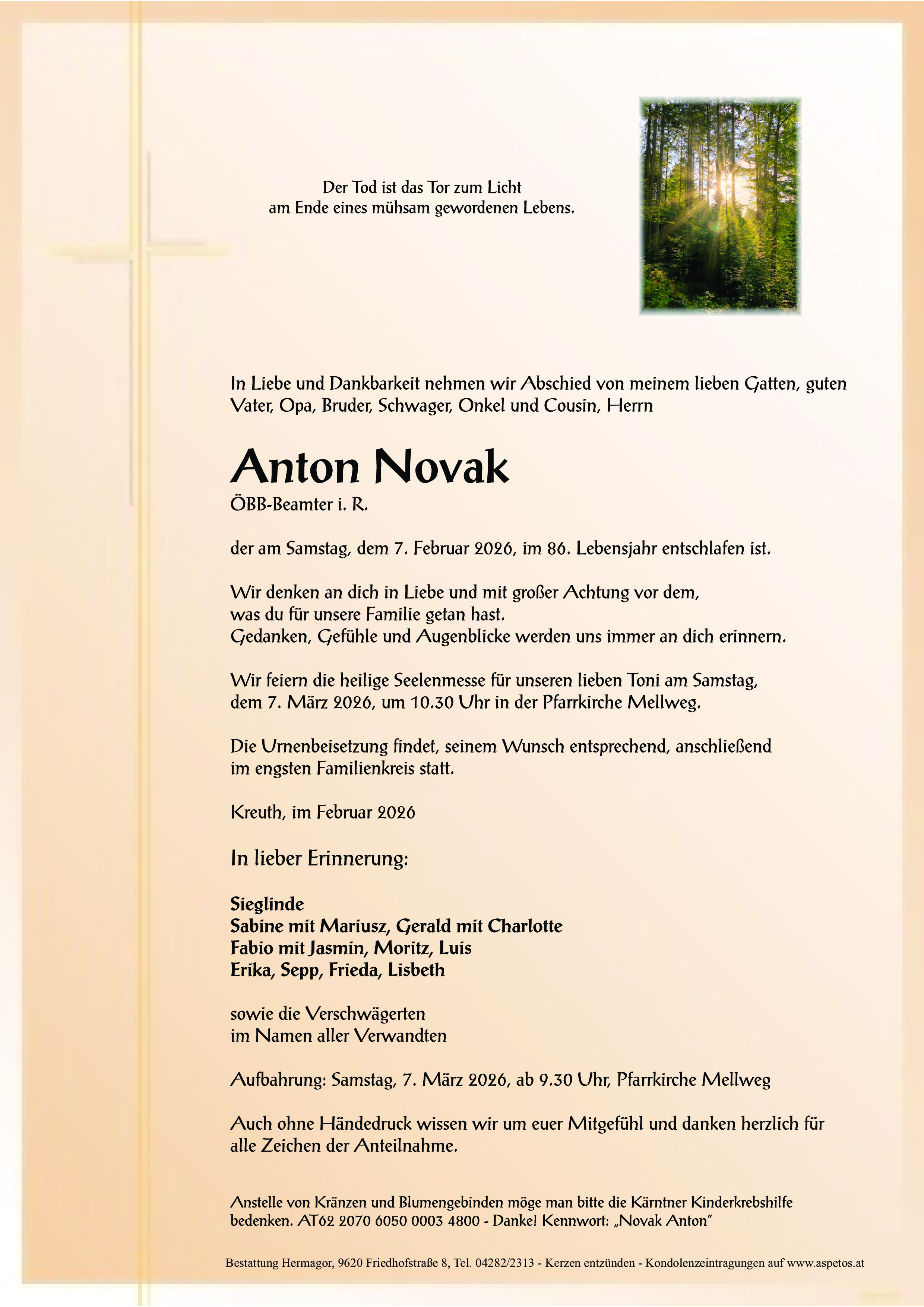 Traueranzeige von Anton Novak