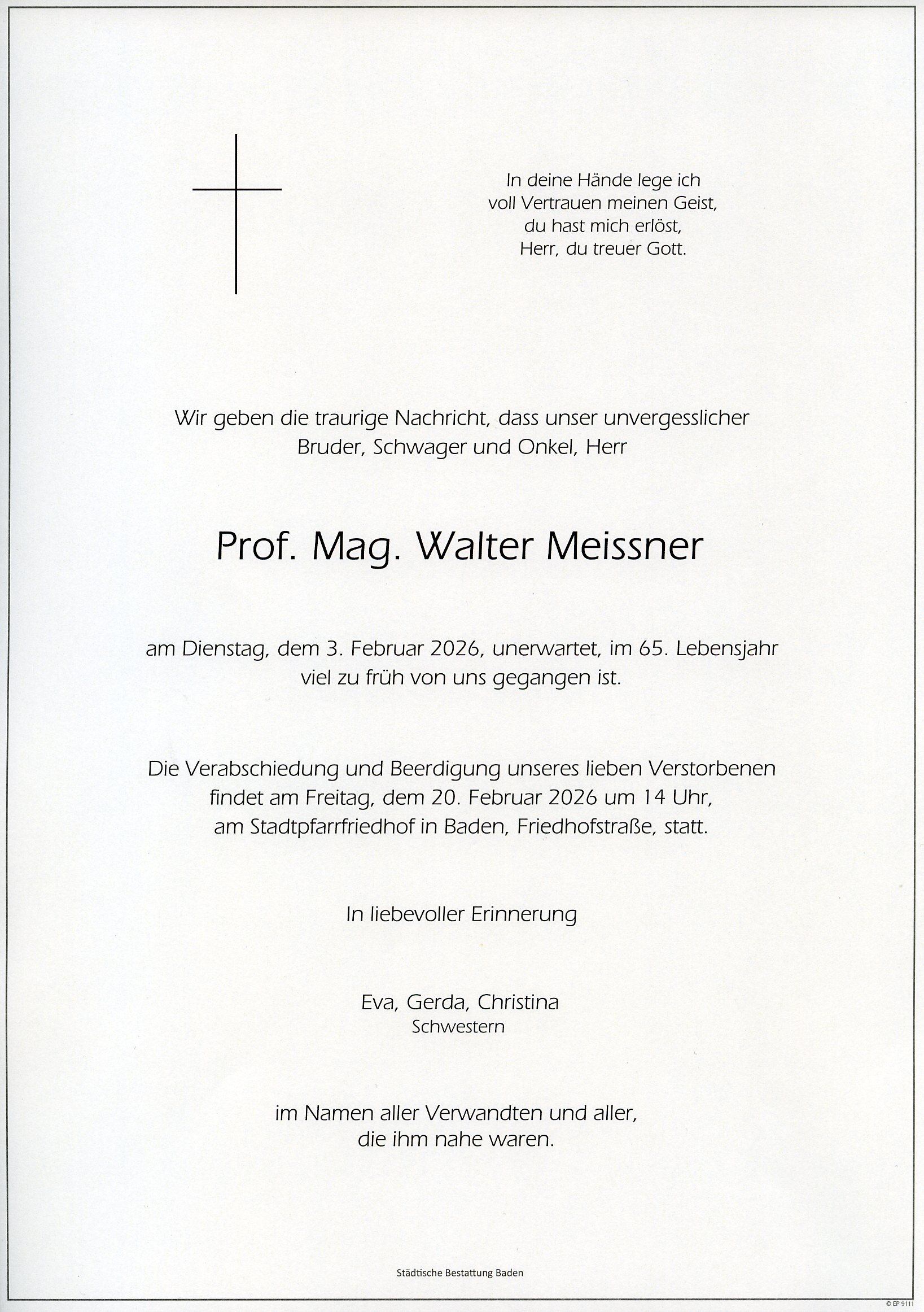 Traueranzeige von Prof. Mag. Walter Meissner