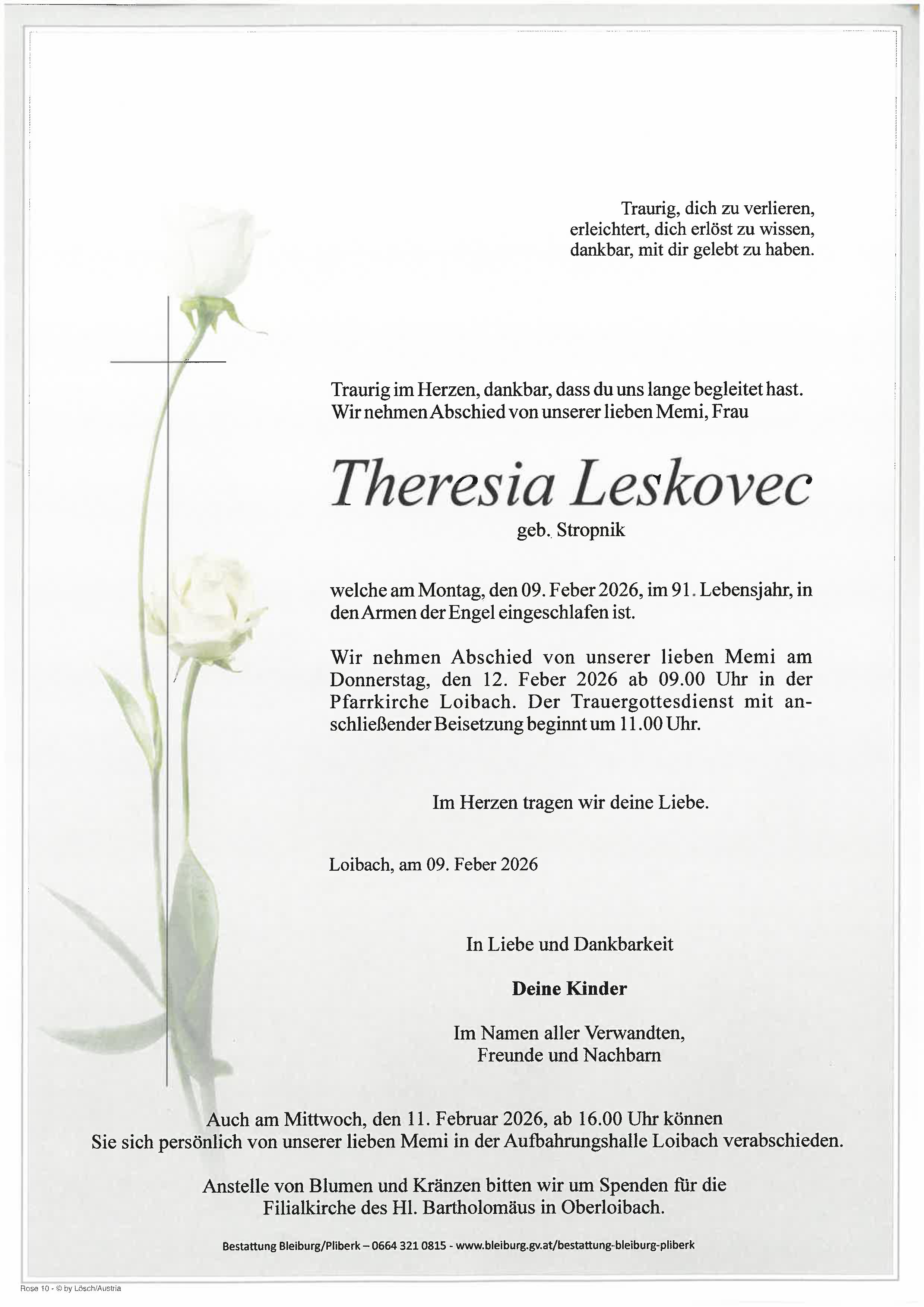 Traueranzeige von Theresia Leskovec