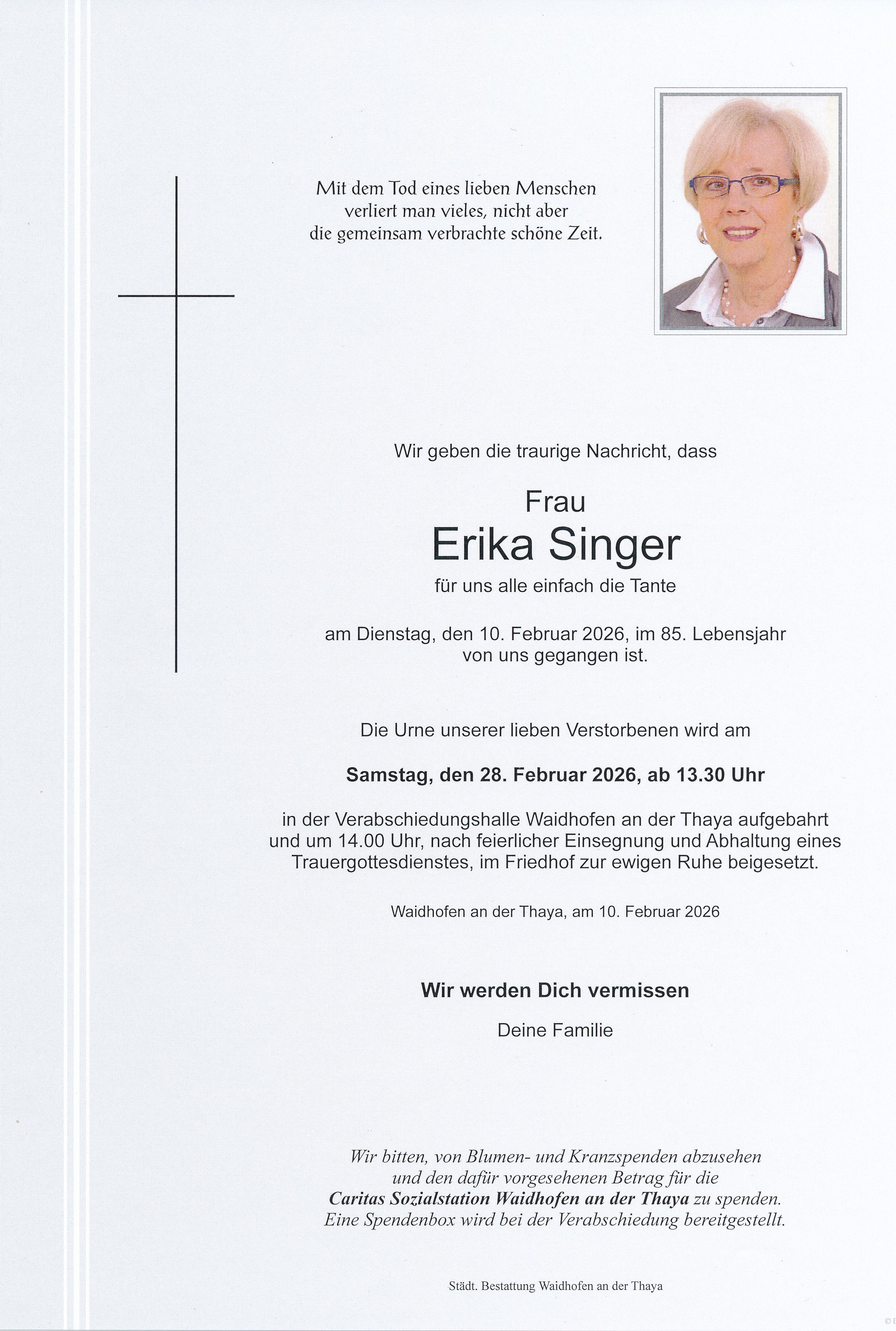 Traueranzeige von Erika Singer