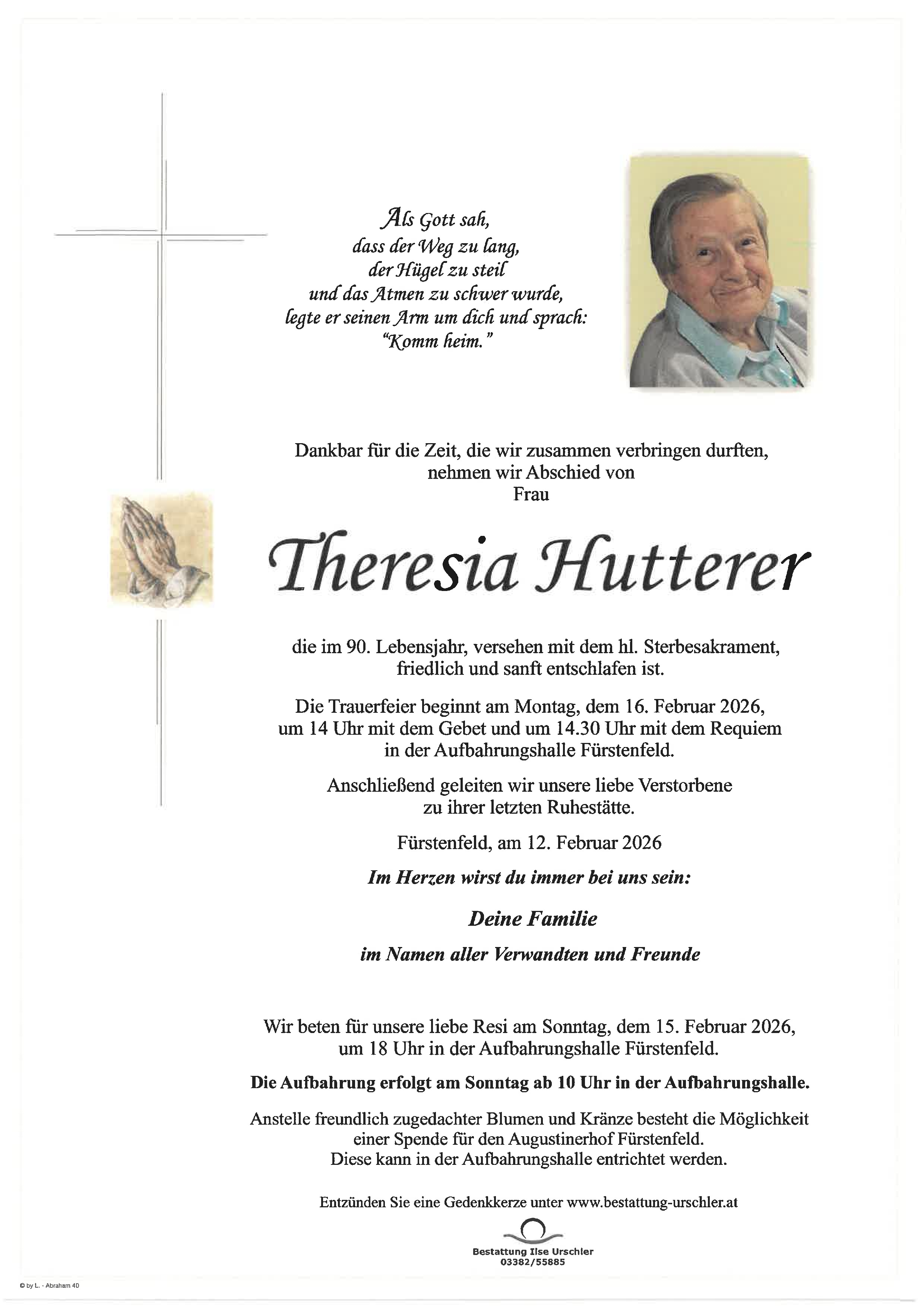 Traueranzeige von Theresia Hutterer