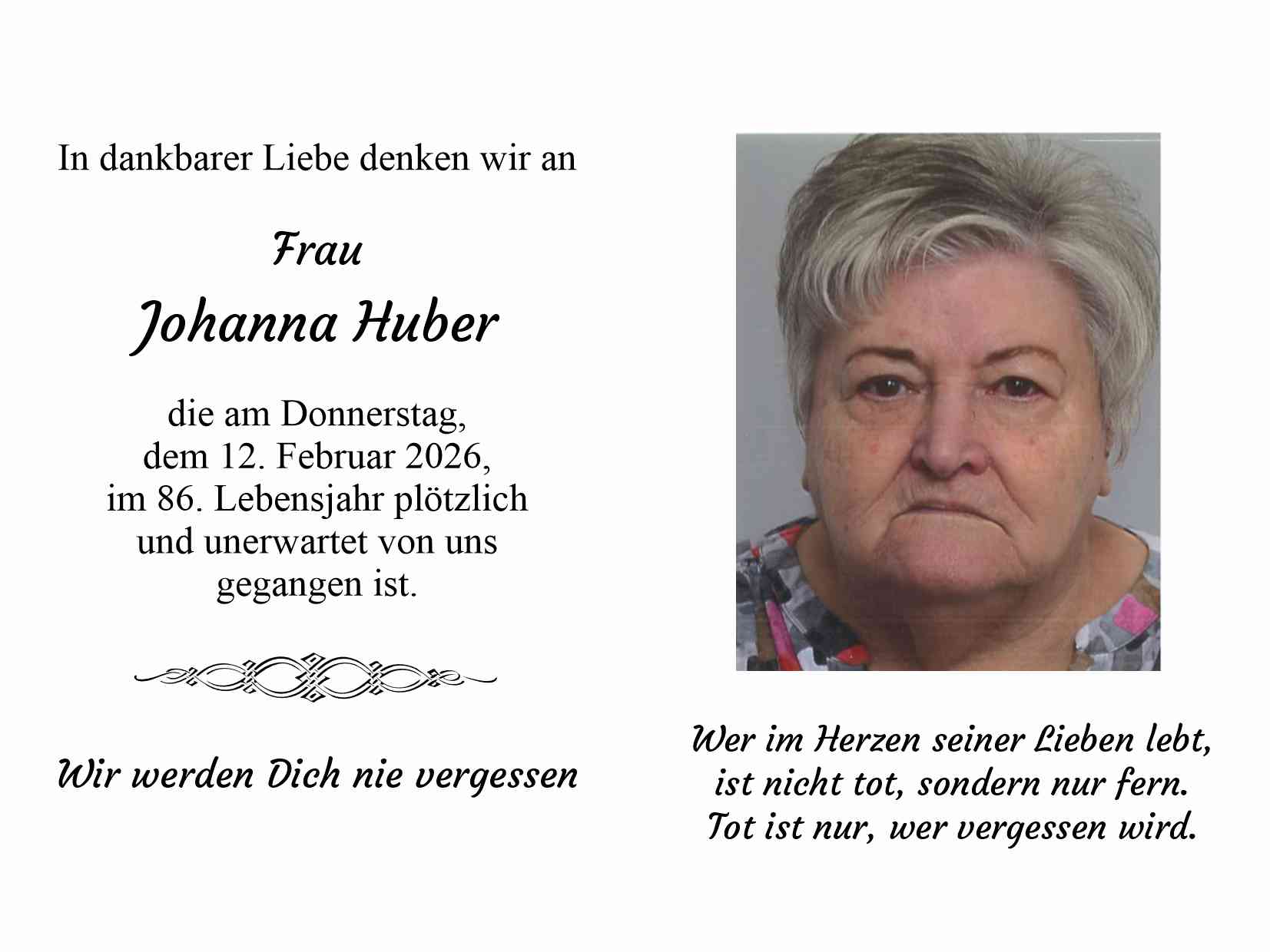 Traueranzeige von Johanna Huber