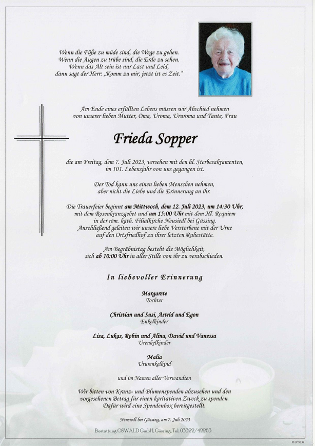 Traueranzeige von Frieda Sopper