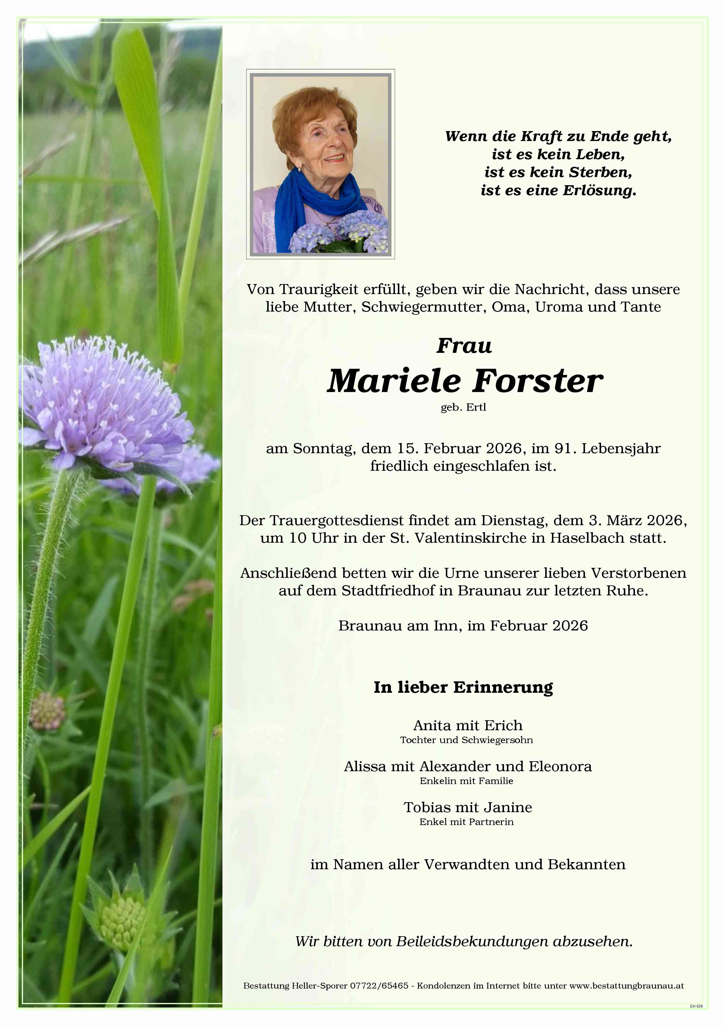Traueranzeige von Mariele Forster