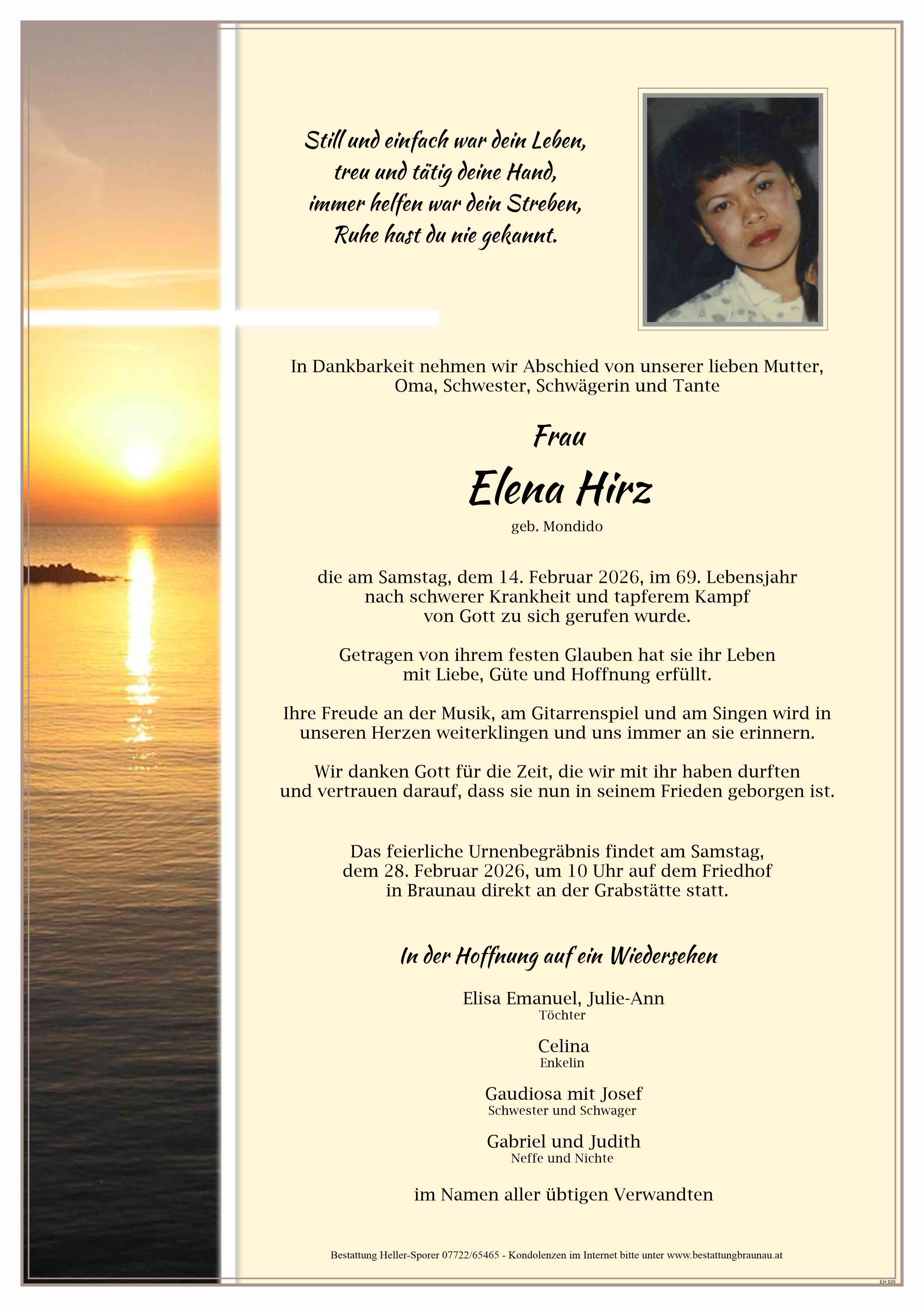 Traueranzeige von Elena Hirz