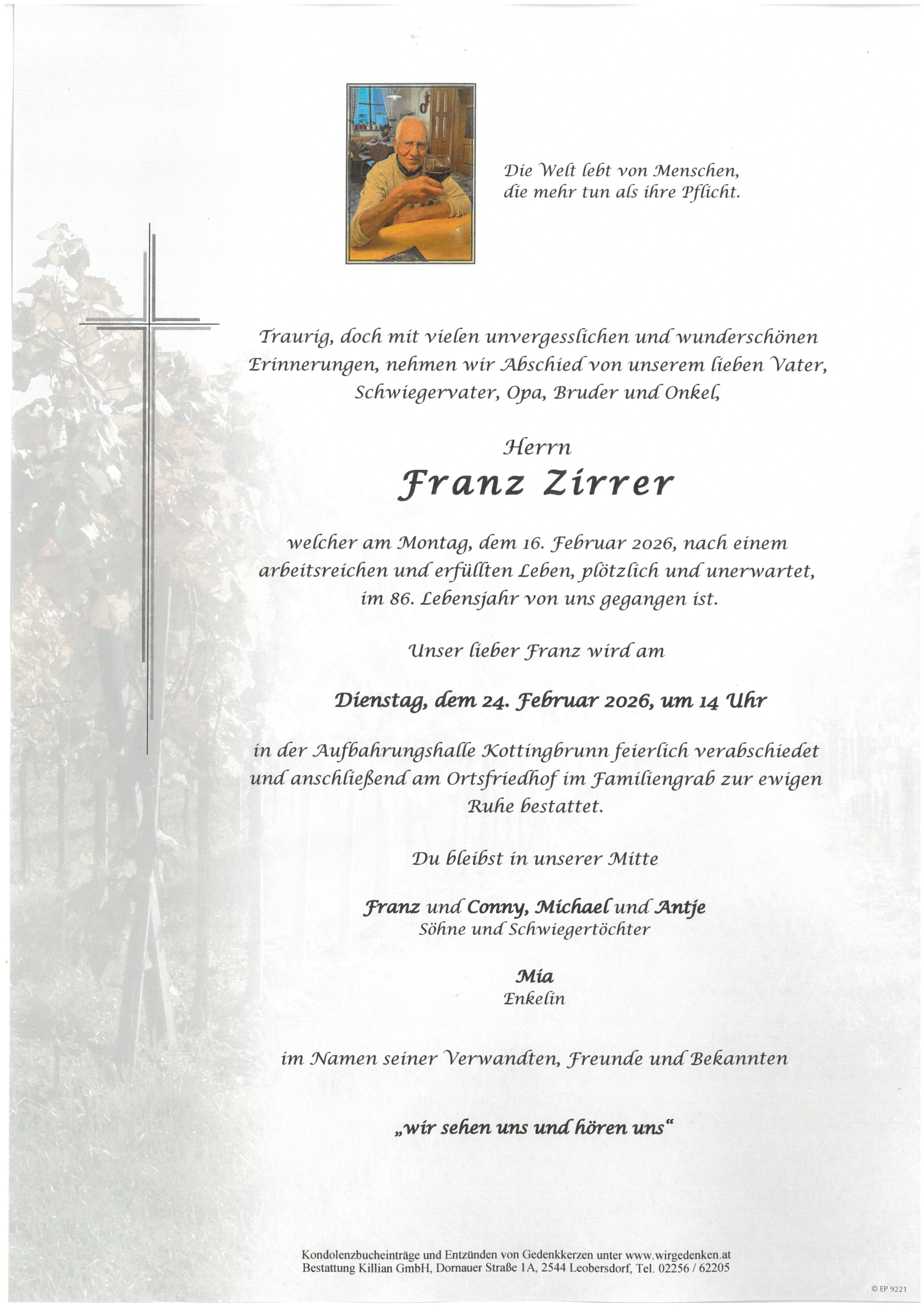 Traueranzeige von Franz Zirrer