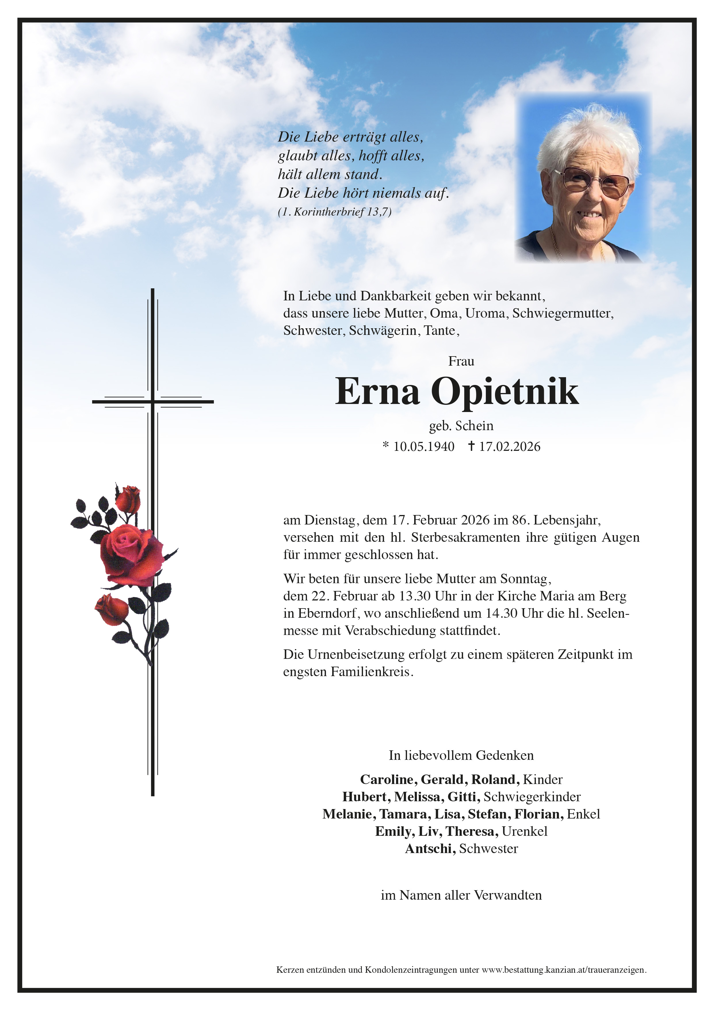 Traueranzeige von Erna Opietnik