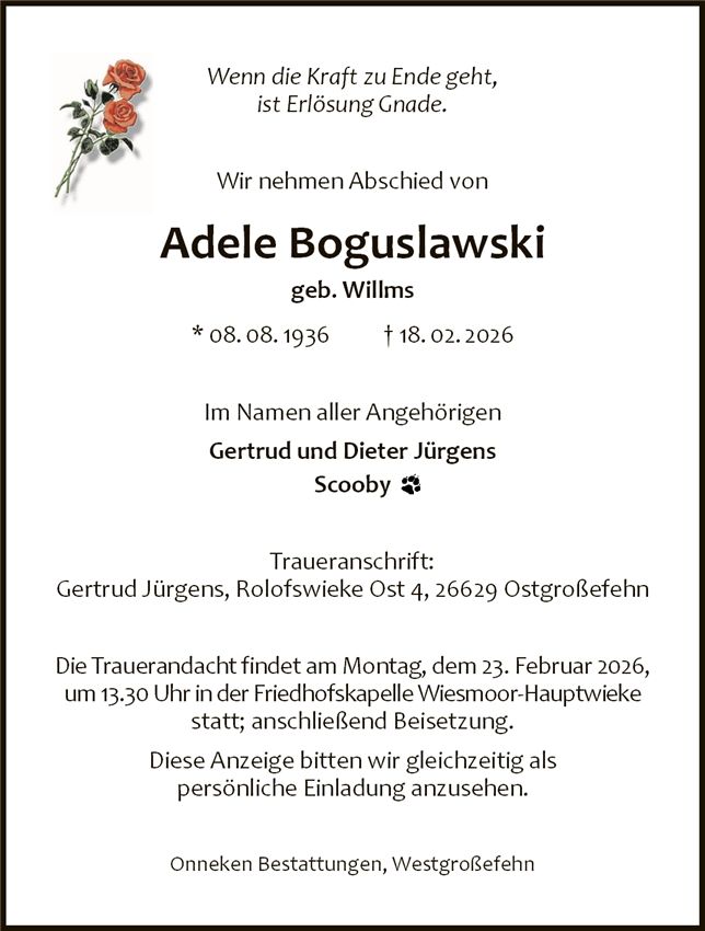 Traueranzeige von Adele Boguslawski
