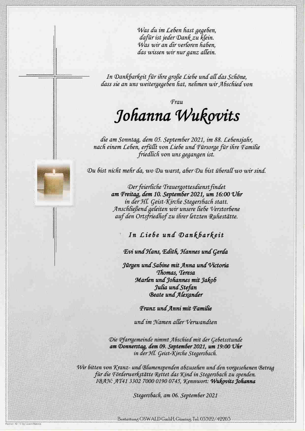 Traueranzeige von Johanna Wukovits