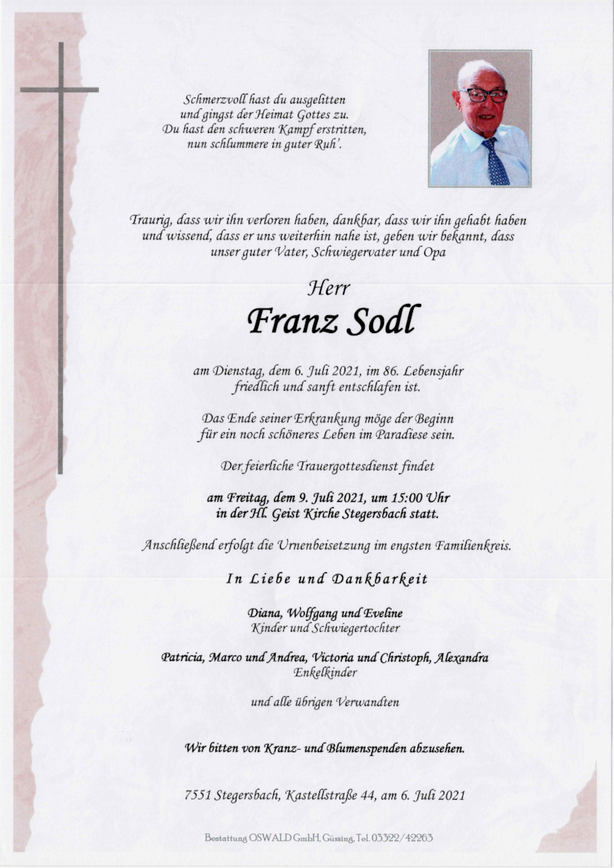 Traueranzeige von Franz Sodl