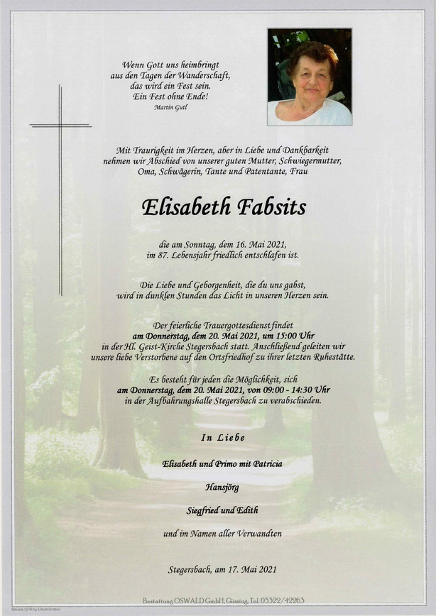 Traueranzeige von Elisabeth Fabsits