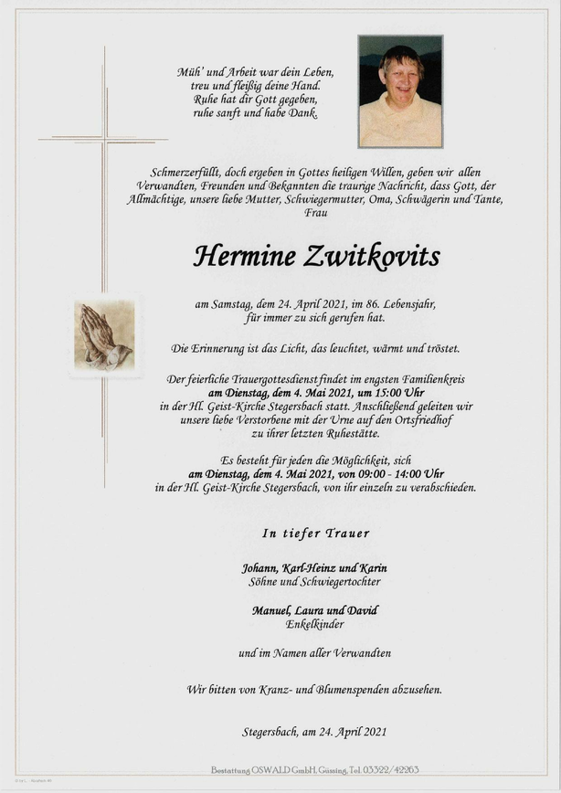 Traueranzeige von Hermine Zwitkovits