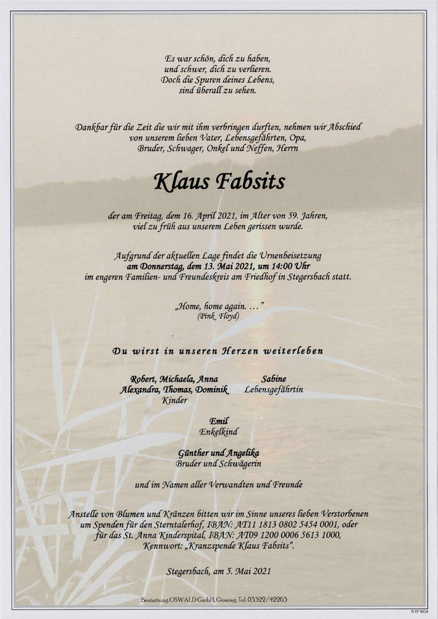 Traueranzeige von Klaus Fabsits