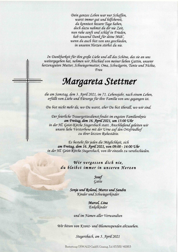 Traueranzeige von Margareta Stettner