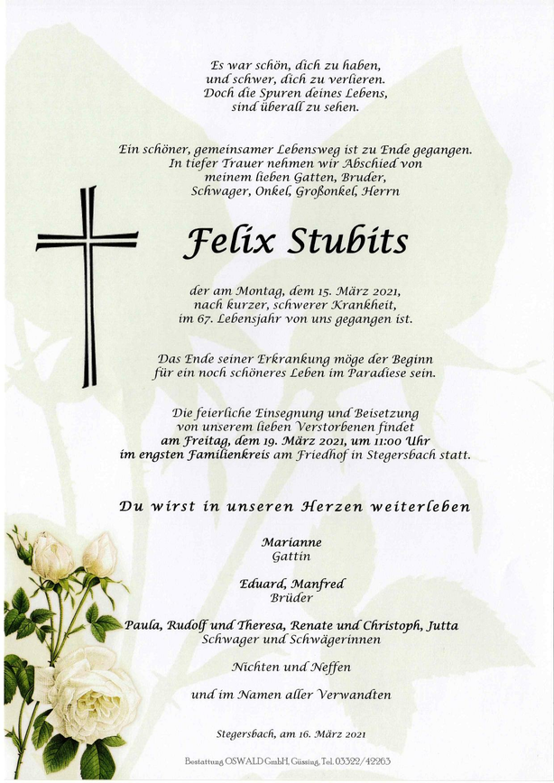 Traueranzeige von Felix Stubits