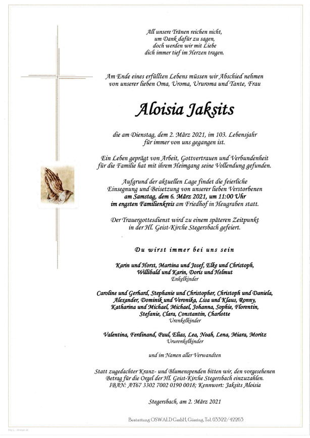 Traueranzeige von Aloisia Jaksits