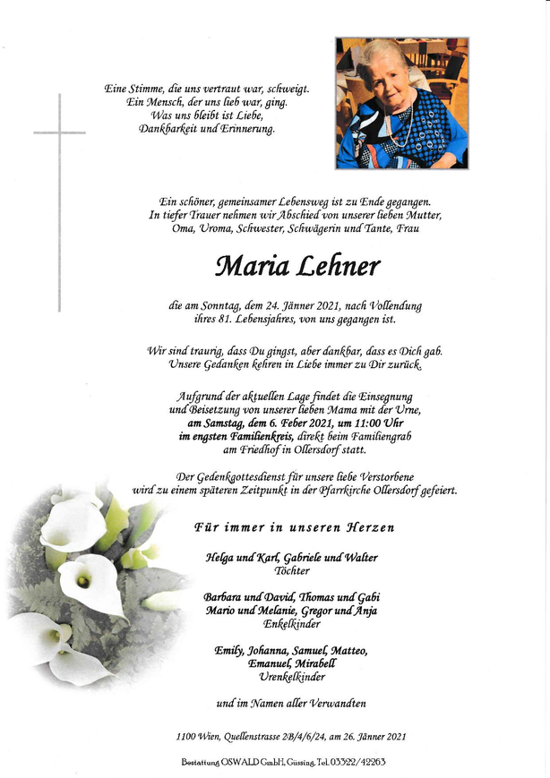Traueranzeige von Maria Lehner