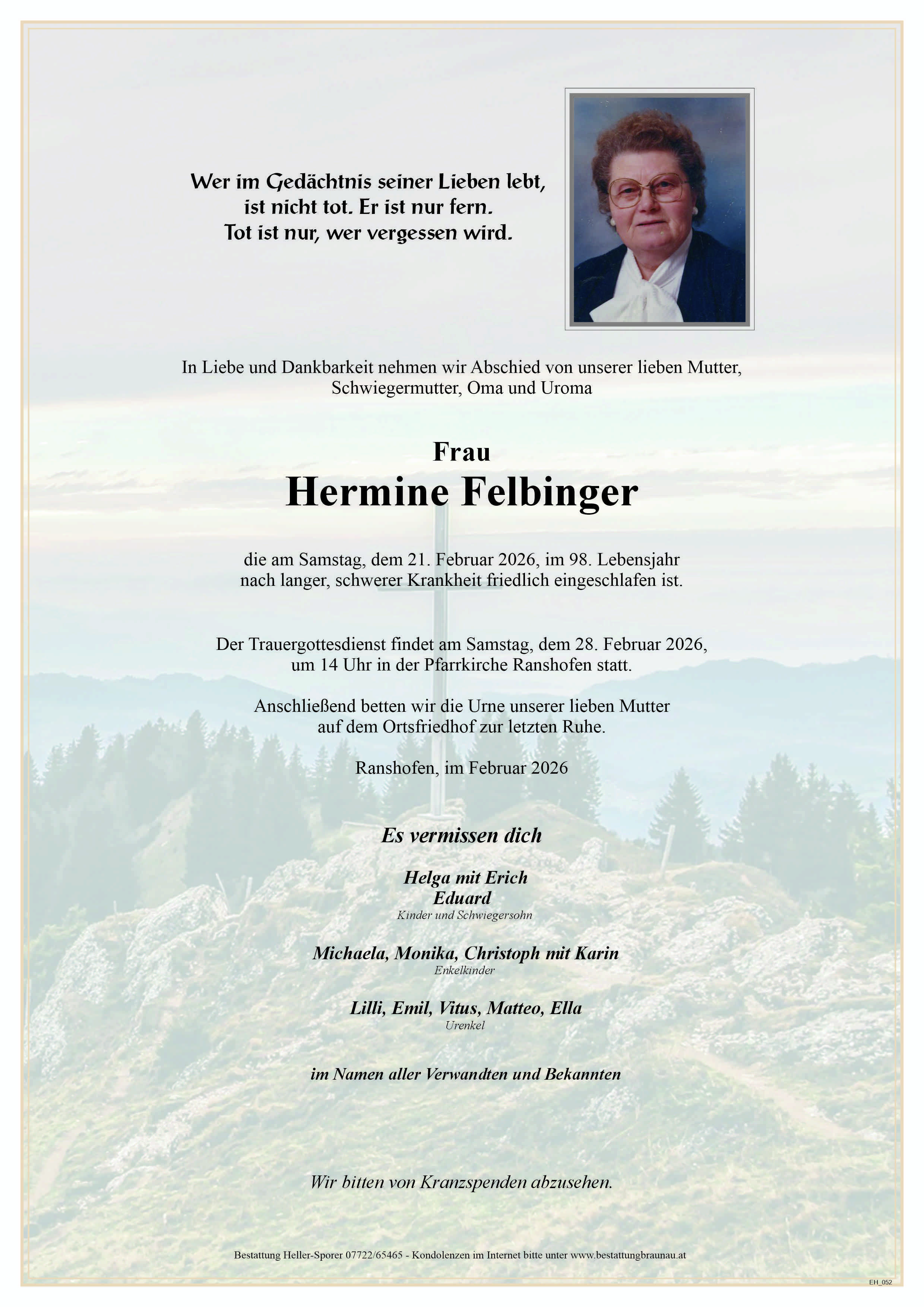 Traueranzeige von Hermine Felbinger