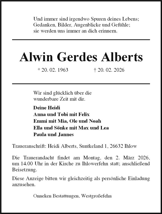 Traueranzeige von Alwin Gerdes-Alberts