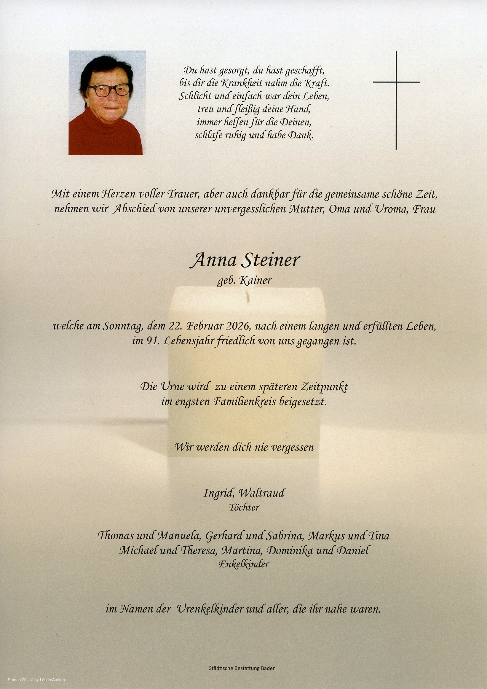 Traueranzeige von Anna Steiner