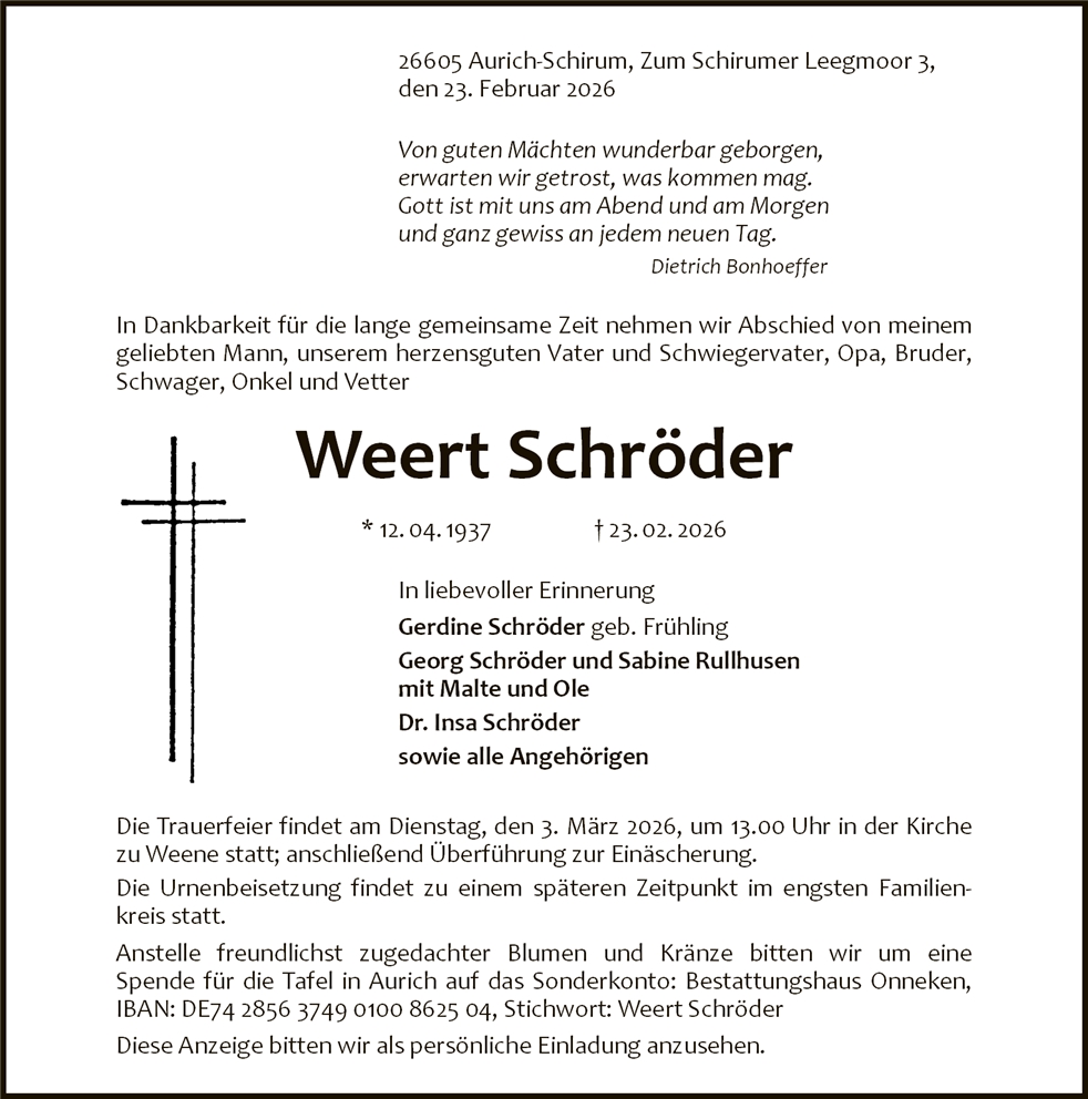 Traueranzeige von Weert Schröder