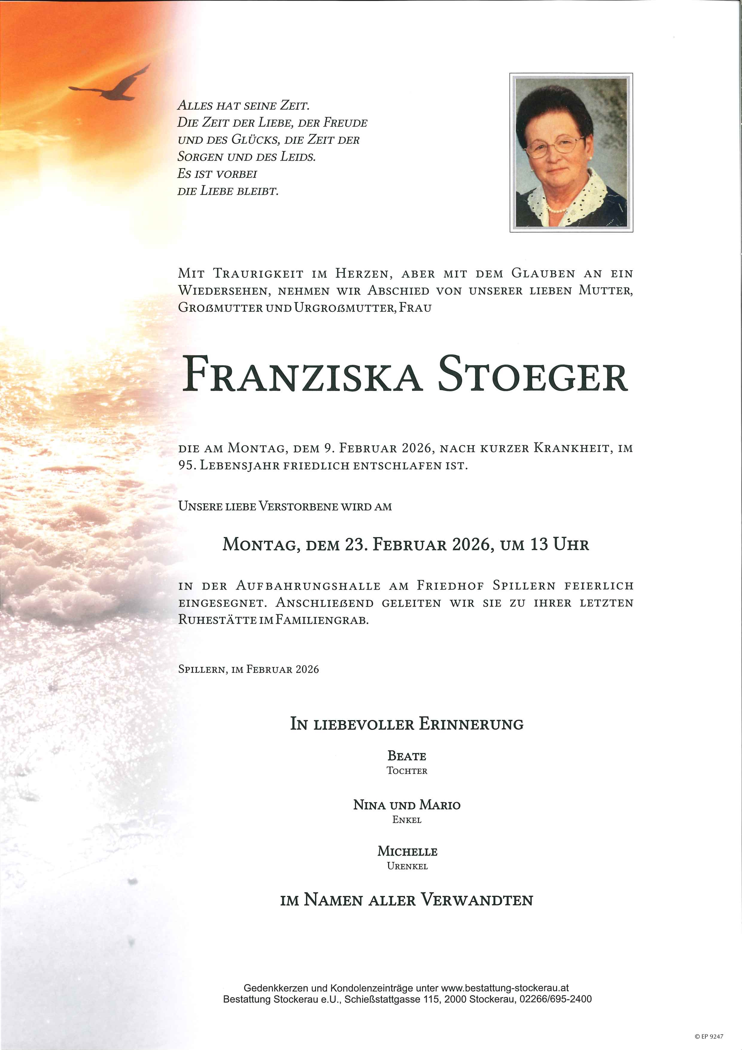 Traueranzeige von Franziska Stoeger