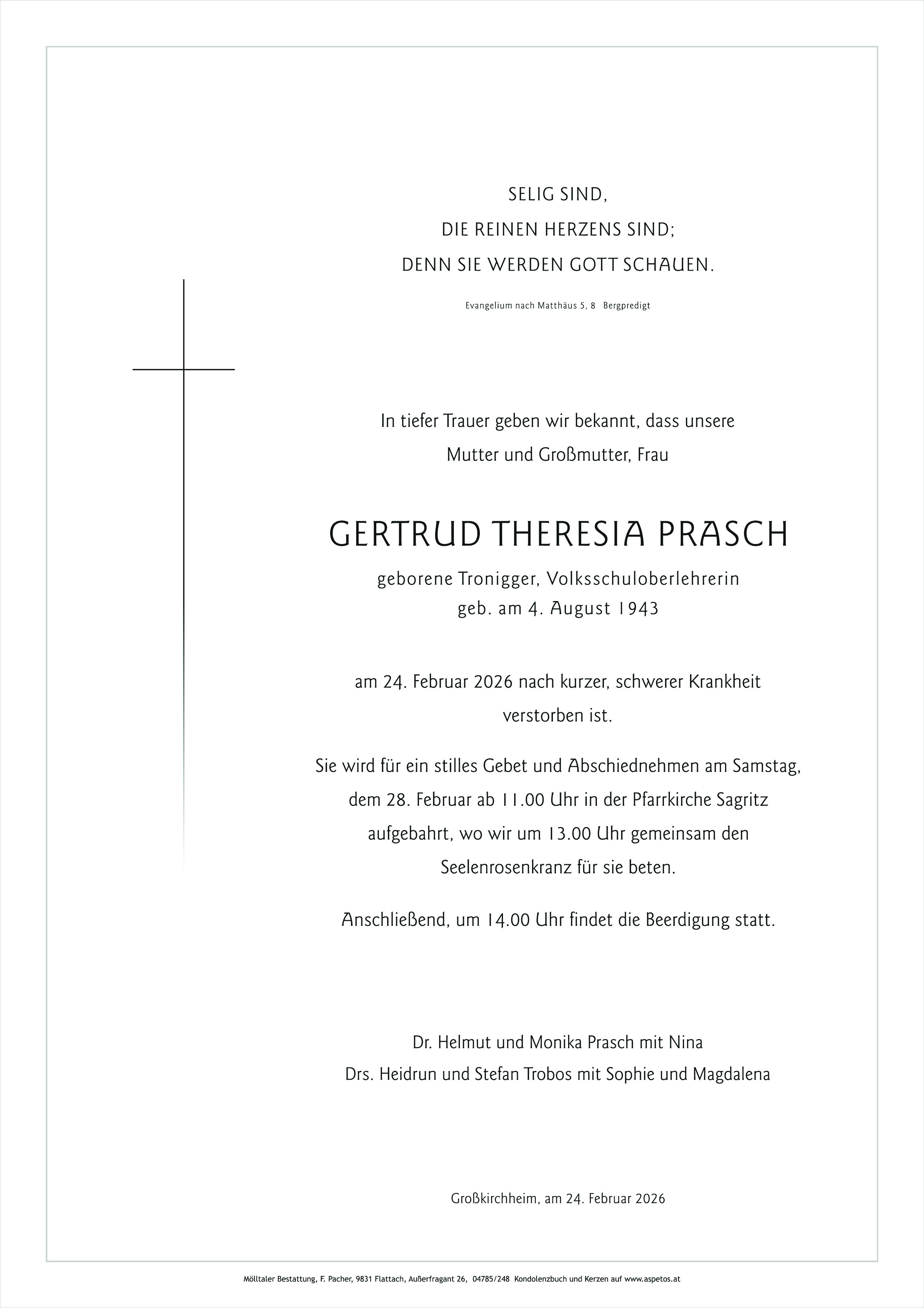 Traueranzeige von Gertrud Theresia Prasch