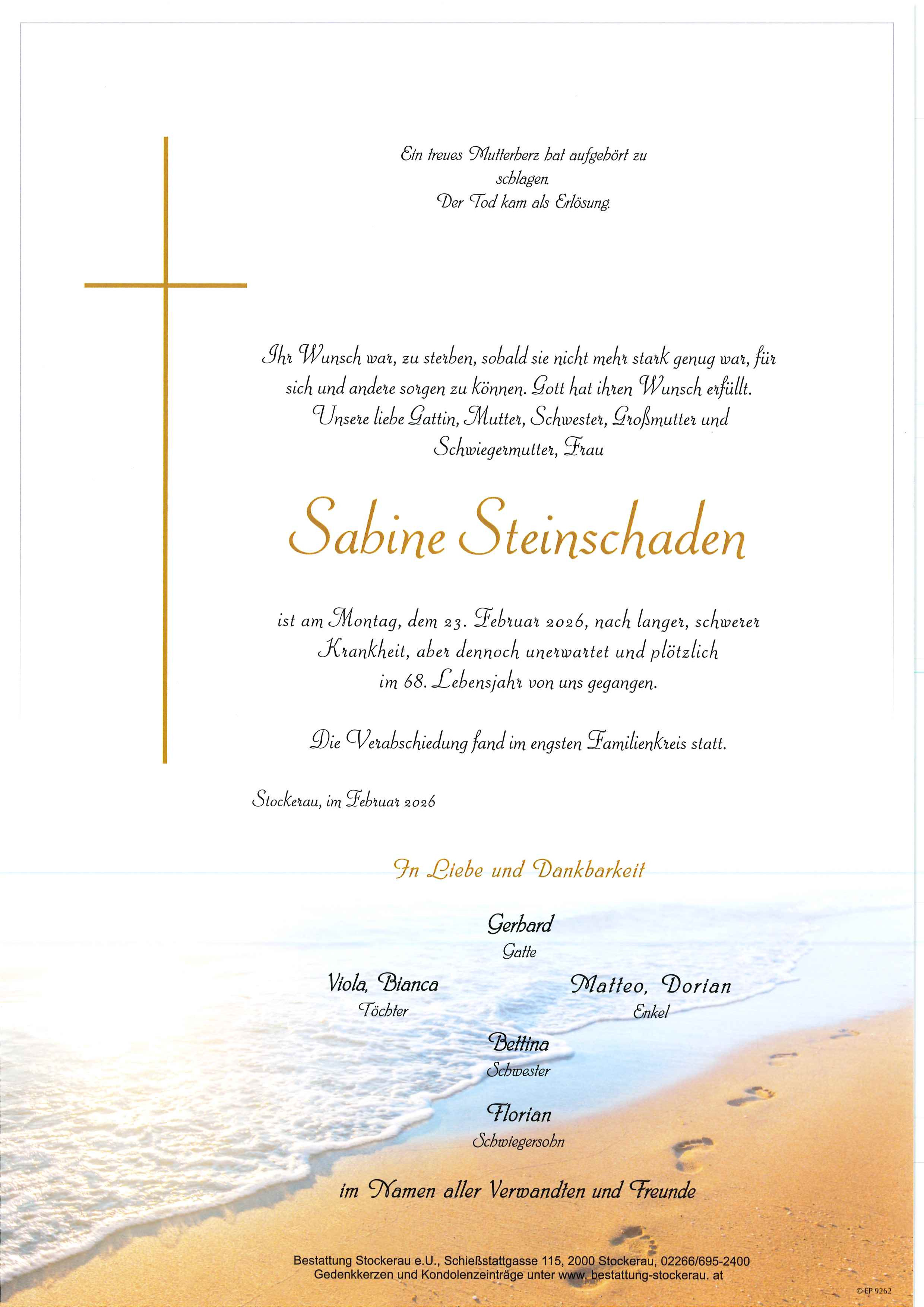Traueranzeige von Sabine Steinschaden