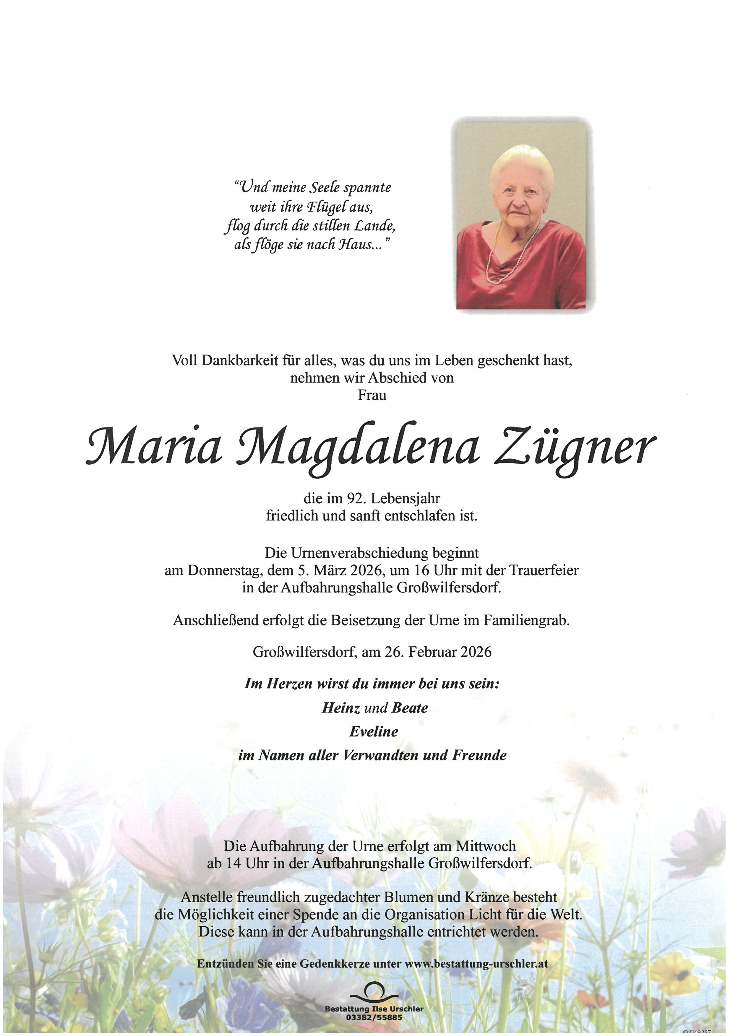 Traueranzeige von Maria Magdalena Zügner