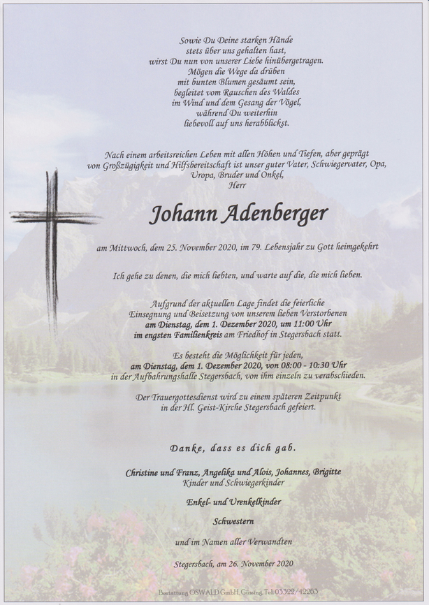 Traueranzeige von Johann Adenberger