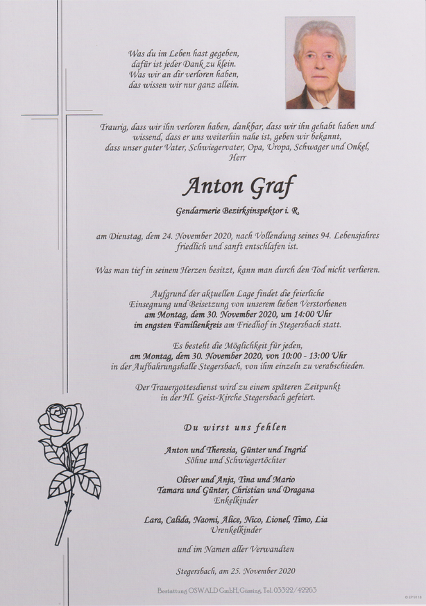 Traueranzeige von Gendarmerie Bezirksinspektor i.  Anton Graf