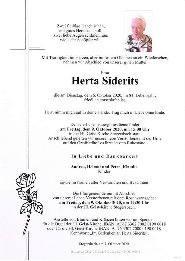 Traueranzeige von Herta Siderits