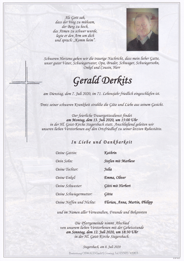 Traueranzeige von Gerald Derkits