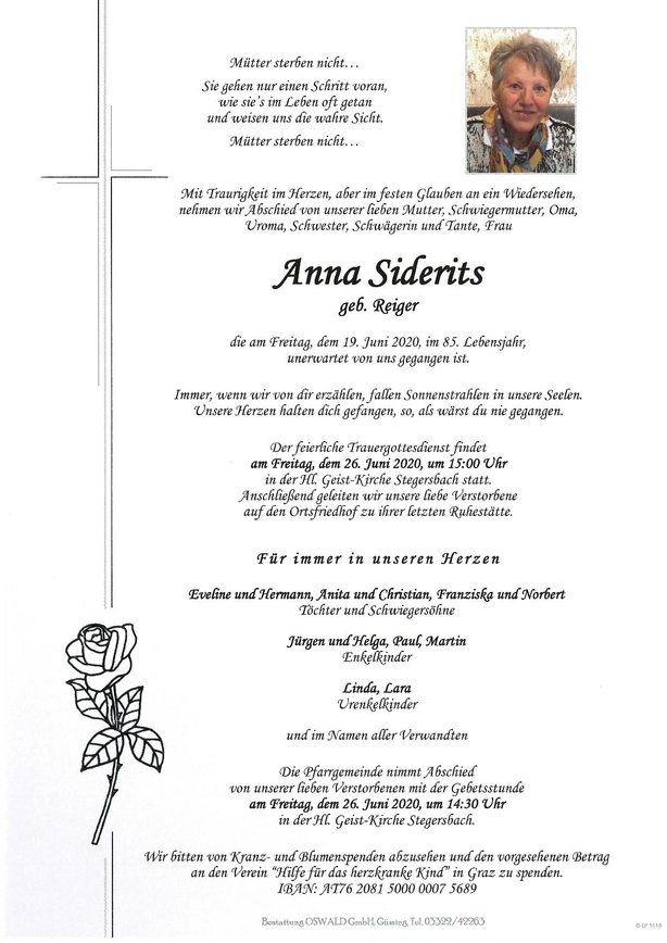 Traueranzeige von Anna Siderits