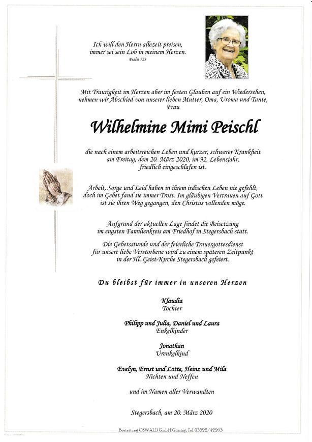 Traueranzeige von Wilhelmine Peischl