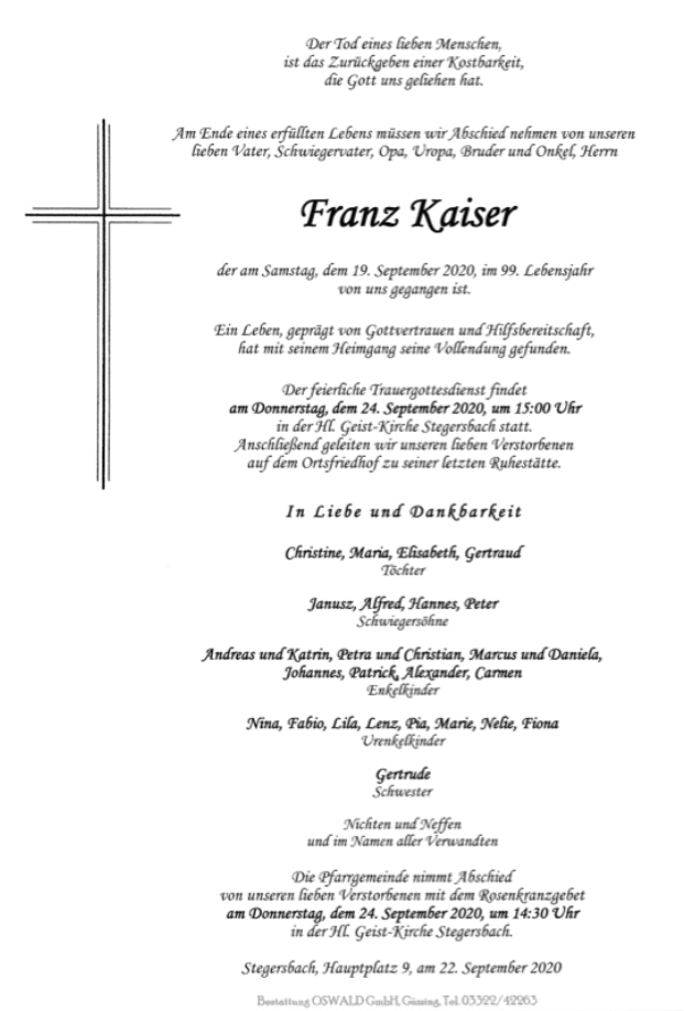 Traueranzeige von Franz Kaiser