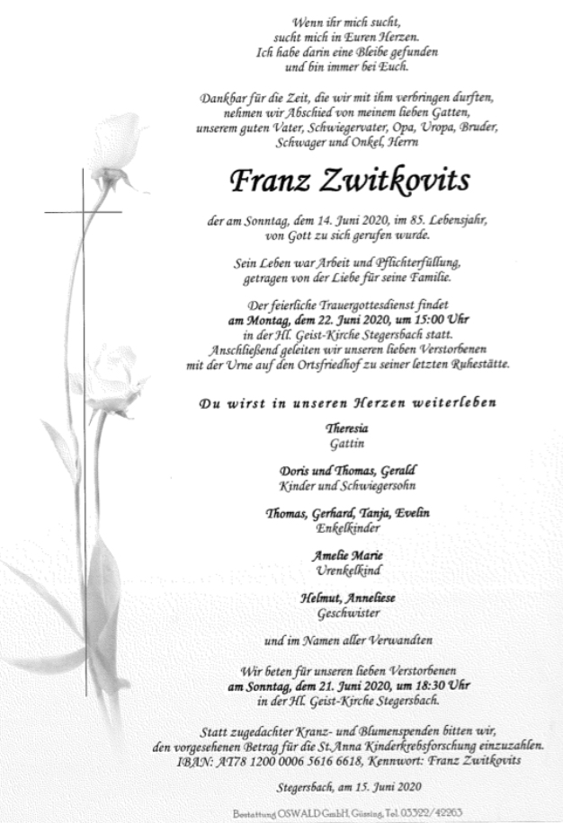 Traueranzeige von Franz Zwitkovits
