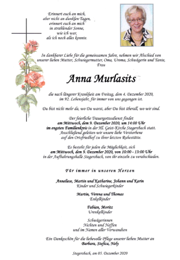 Traueranzeige von Anna Murlasits