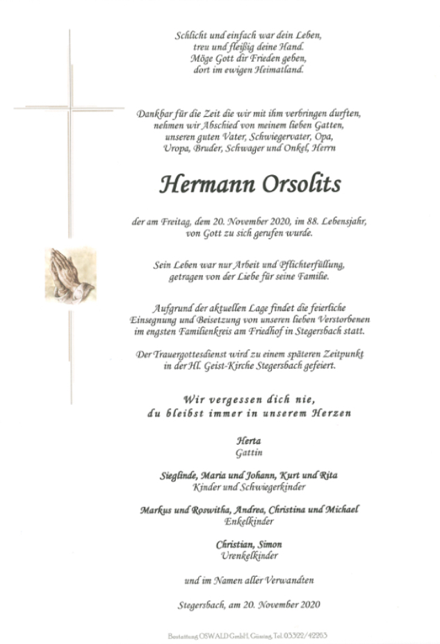 Traueranzeige von Hermann Orsolits